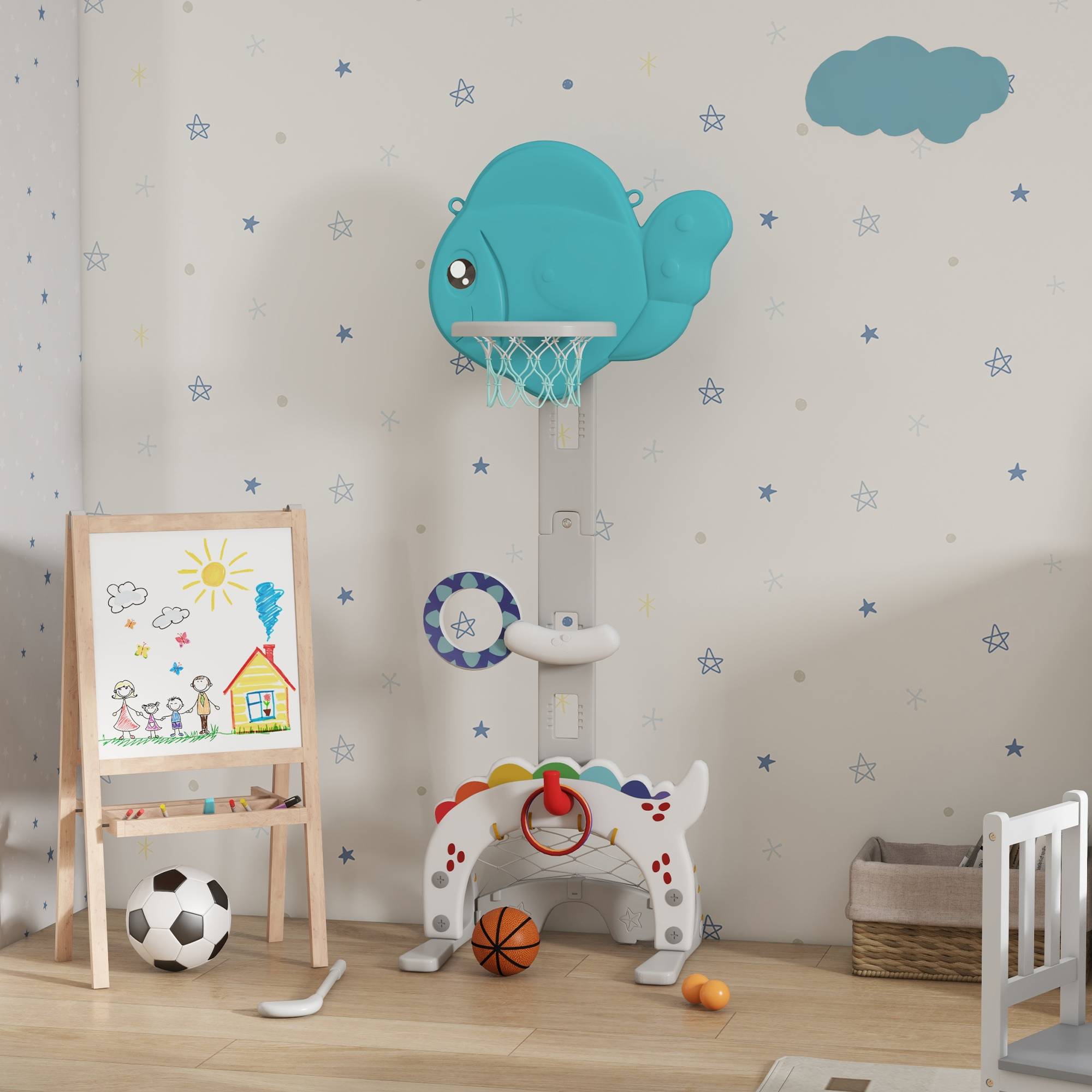 Panier de basket-ball pour enfants 5 en 1 hauteur réglable but de football balle de golf lancer d'anneaux bleu et gris - Image 4