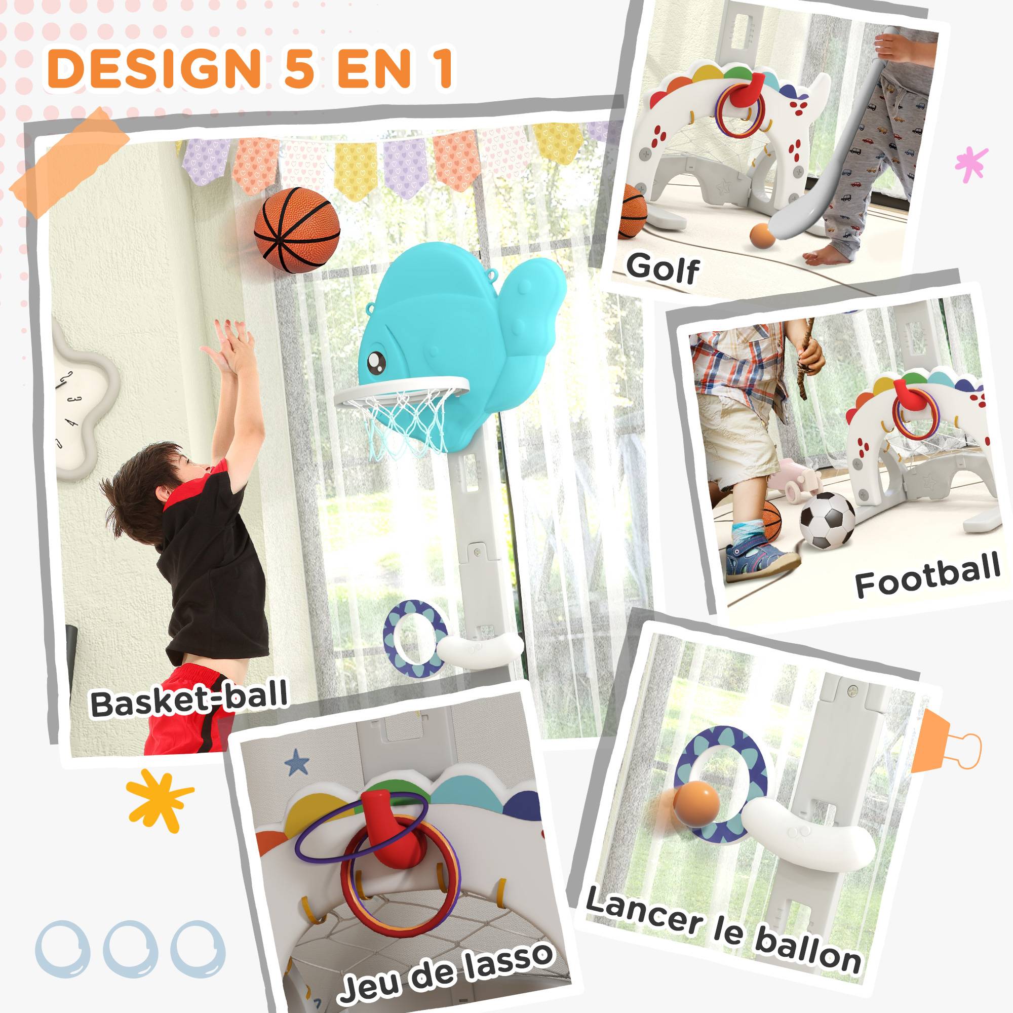 Panier de basket-ball pour enfants 5 en 1 hauteur réglable but de football balle de golf lancer d'anneaux bleu et gris - Image 7
