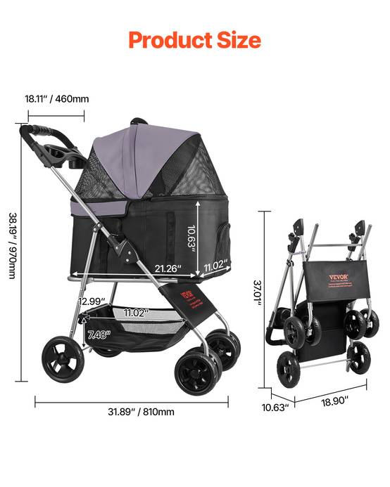 Vevor - VEVOR Poussette pour chien pliable, capacité 16 kg, 4 roues avec freins arrière, fenêtres en maille respirante. - Image 2
