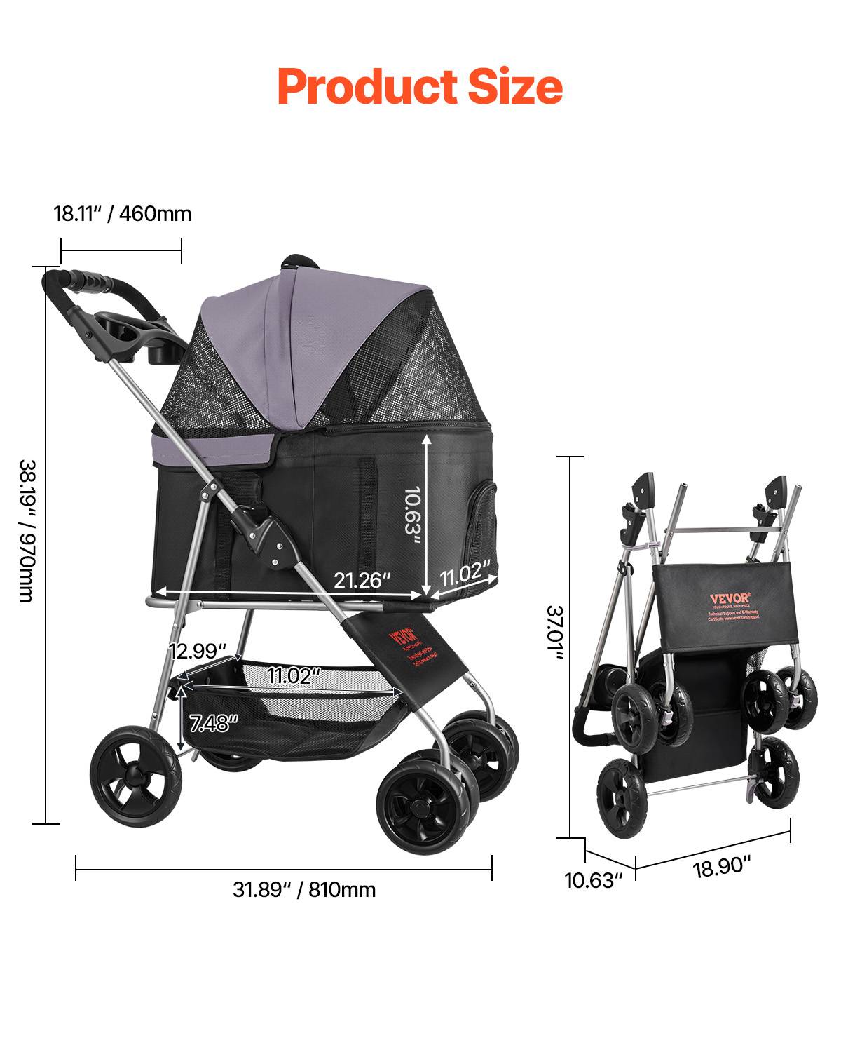 Vevor - VEVOR Poussette pour chien pliable, capacité 16 kg, 4 roues avec freins arrière, fenêtres en maille respirante. - Image 2