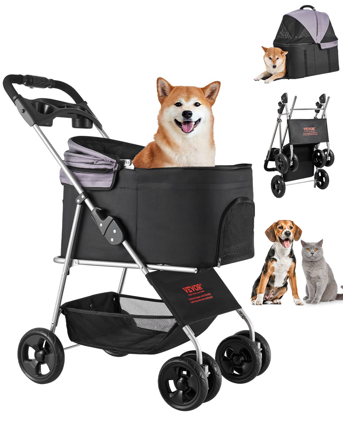 Vevor - VEVOR Poussette pour chien pliable, capacité 16 kg, 4 roues avec freins arrière, fenêtres en maille respirante. - Image 1