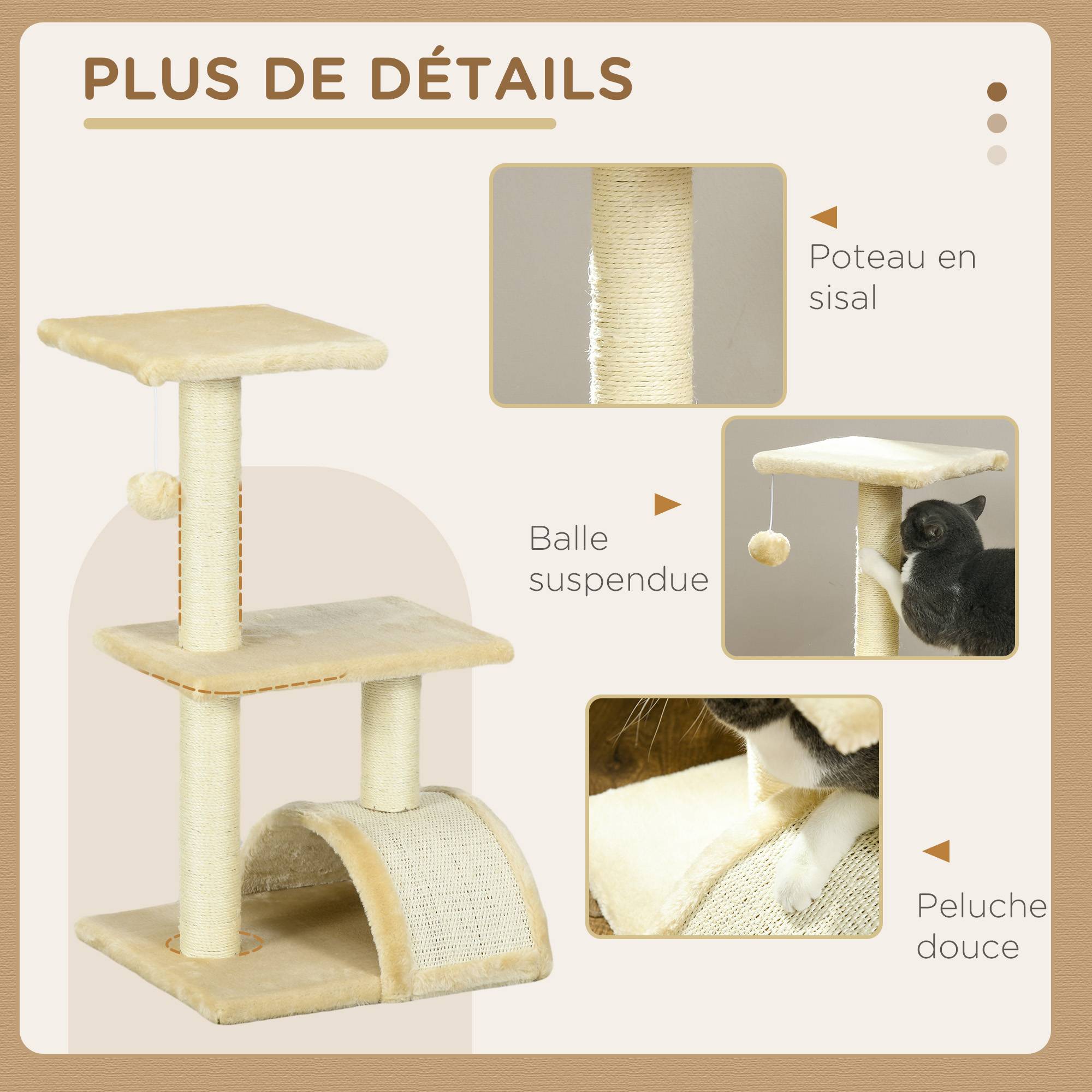 Arbre à chat MDF sisal intérieur tapis griffer balle suspendue 40x35x72cm crème - ComfortXL Outdoor Living - Image 7