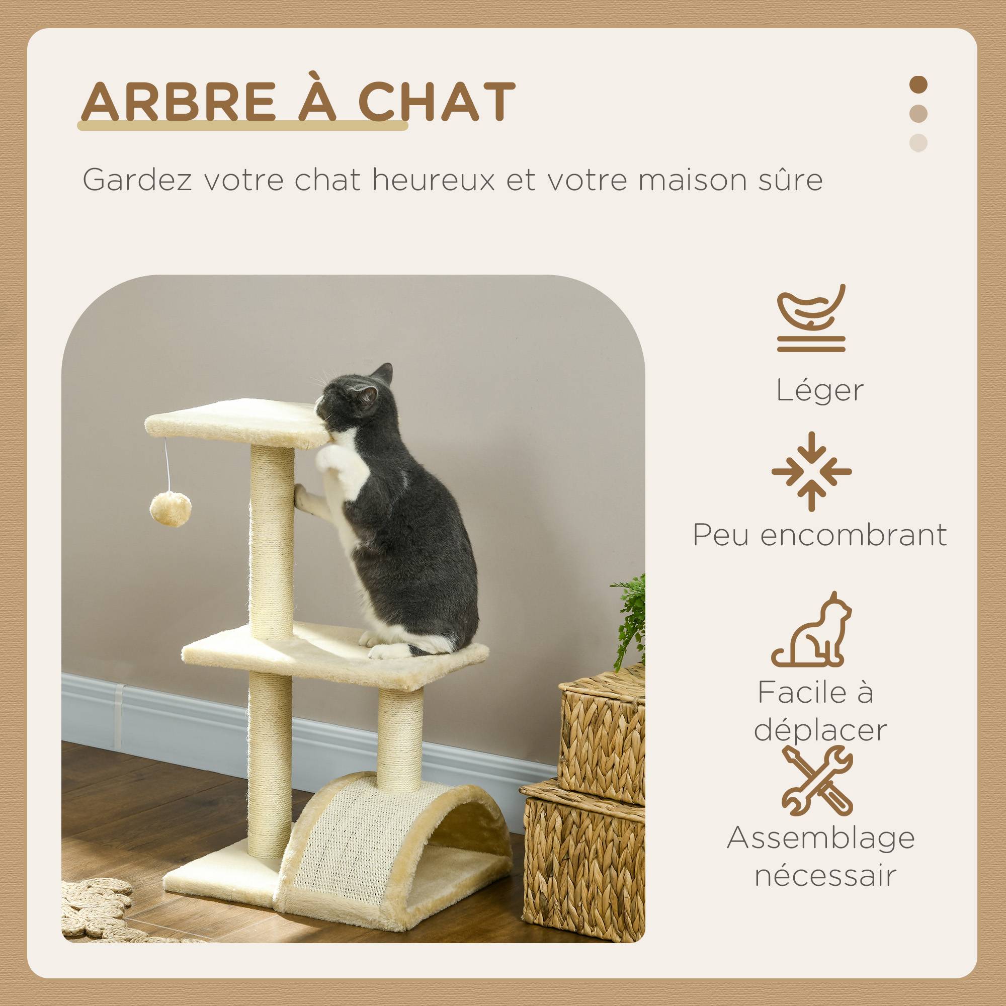 Arbre à chat MDF sisal intérieur tapis griffer balle suspendue 40x35x72cm crème - ComfortXL Outdoor Living - Image 6