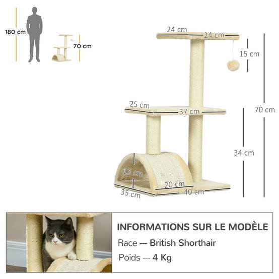 Arbre à chat MDF sisal intérieur tapis griffer balle suspendue 40x35x72cm crème - ComfortXL Outdoor Living - Image 5