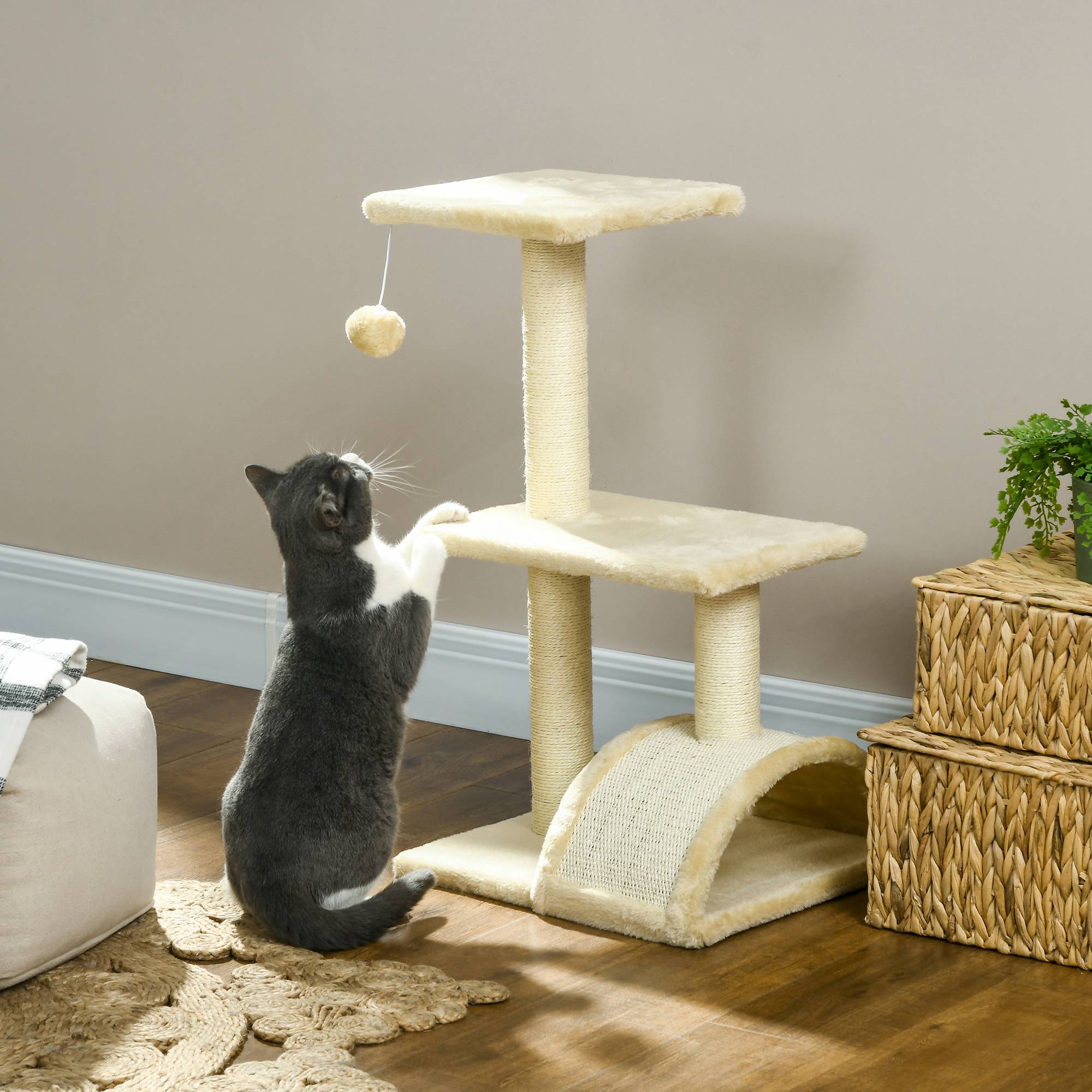 Arbre à chat MDF sisal intérieur tapis griffer balle suspendue 40x35x72cm crème - ComfortXL Outdoor Living - Image 3