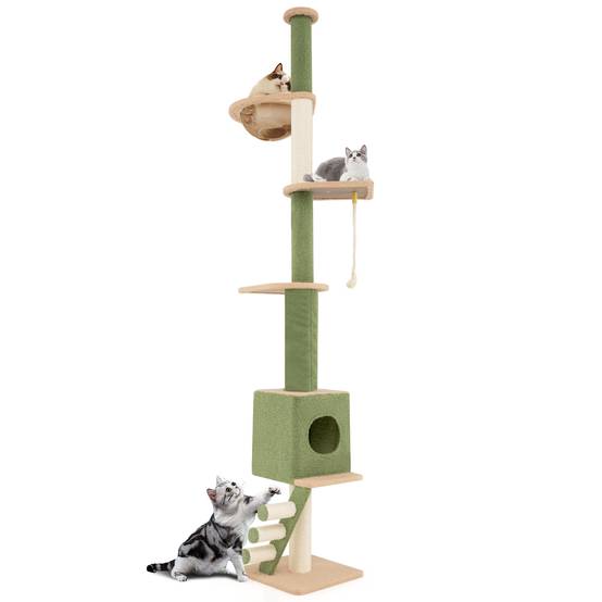 COSTWAY Arbre a Chat Plafond Cactus XXL, 218 à 253 cm Hauteur Réglable, 2Poteaux Remplaçables, Tour pour Chat à 5Niveaux, 2Poteaux à Griffer en Sisal - Image 1