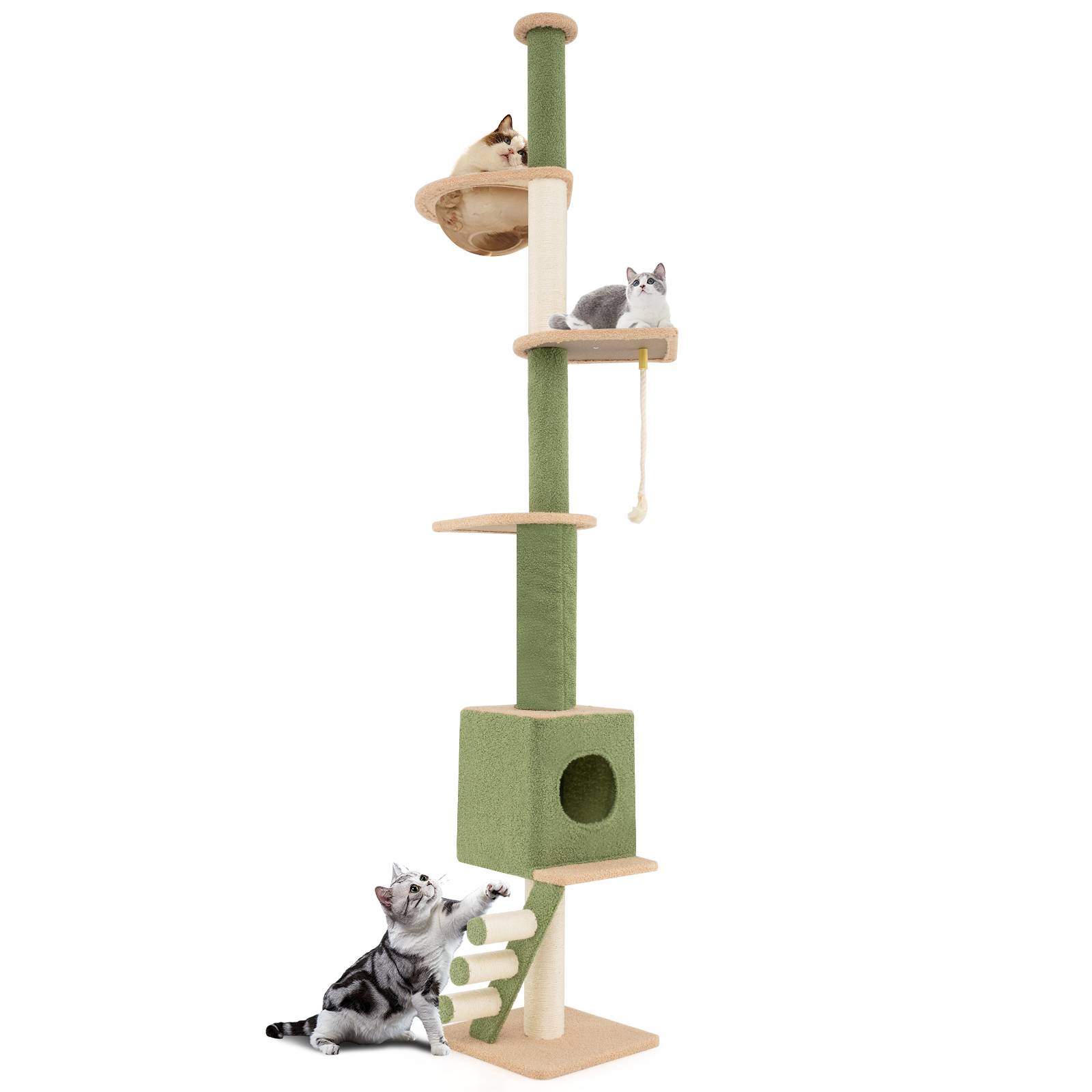 COSTWAY Arbre a Chat Plafond Cactus XXL, 218 à 253 cm Hauteur Réglable, 2Poteaux Remplaçables, Tour pour Chat à 5Niveaux, 2Poteaux à Griffer en Sisal - Image 1