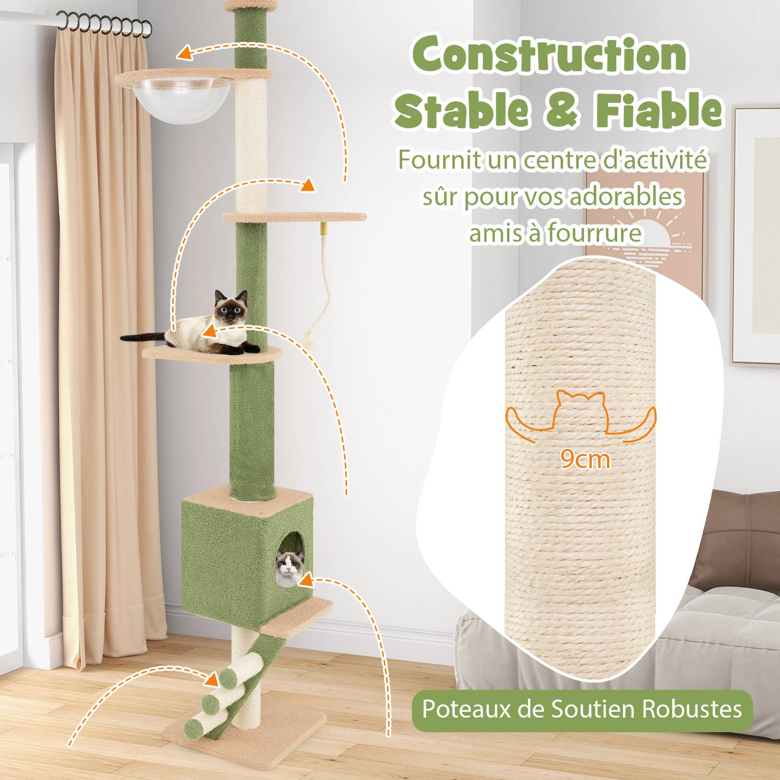 COSTWAY Arbre a Chat Plafond Cactus XXL, 218 à 253 cm Hauteur Réglable, 2Poteaux Remplaçables, Tour pour Chat à 5Niveaux, 2Poteaux à Griffer en Sisal - Image 6