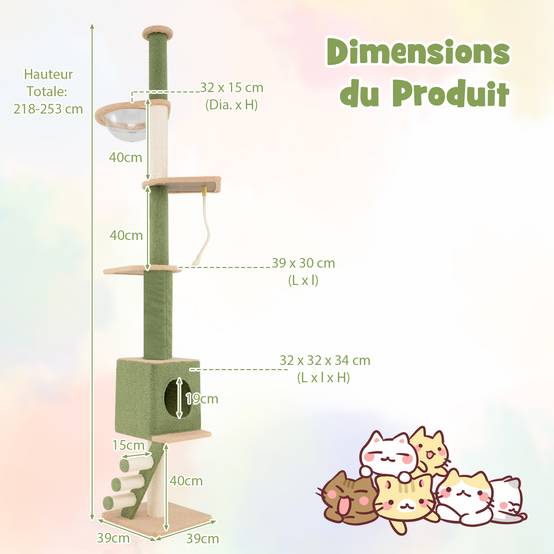 COSTWAY Arbre a Chat Plafond Cactus XXL, 218 à 253 cm Hauteur Réglable, 2Poteaux Remplaçables, Tour pour Chat à 5Niveaux, 2Poteaux à Griffer en Sisal - Image 2