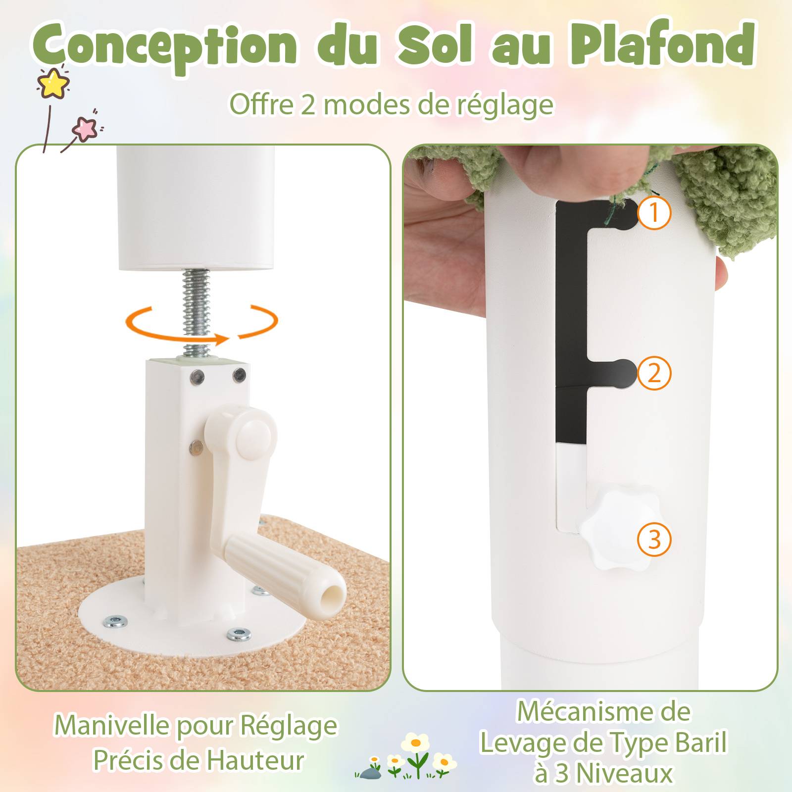 COSTWAY Arbre a Chat Plafond Cactus XXL, 218 à 253 cm Hauteur Réglable, 2Poteaux Remplaçables, Tour pour Chat à 5Niveaux, 2Poteaux à Griffer en Sisal - Image 8