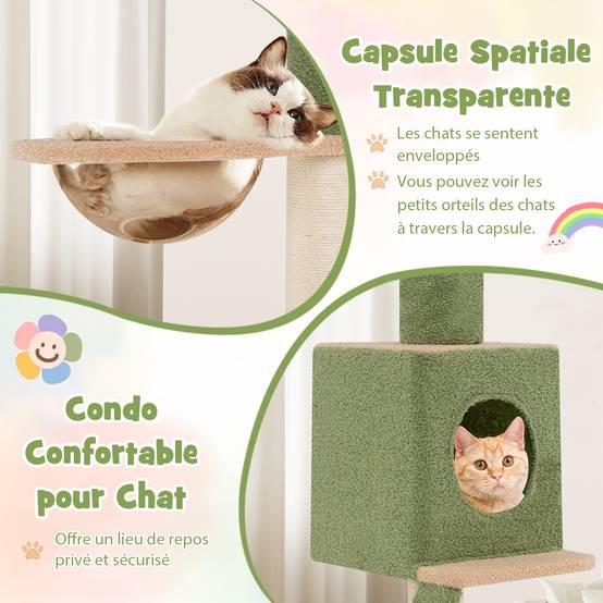 COSTWAY Arbre a Chat Plafond Cactus XXL, 218 à 253 cm Hauteur Réglable, 2Poteaux Remplaçables, Tour pour Chat à 5Niveaux, 2Poteaux à Griffer en Sisal - Image 5
