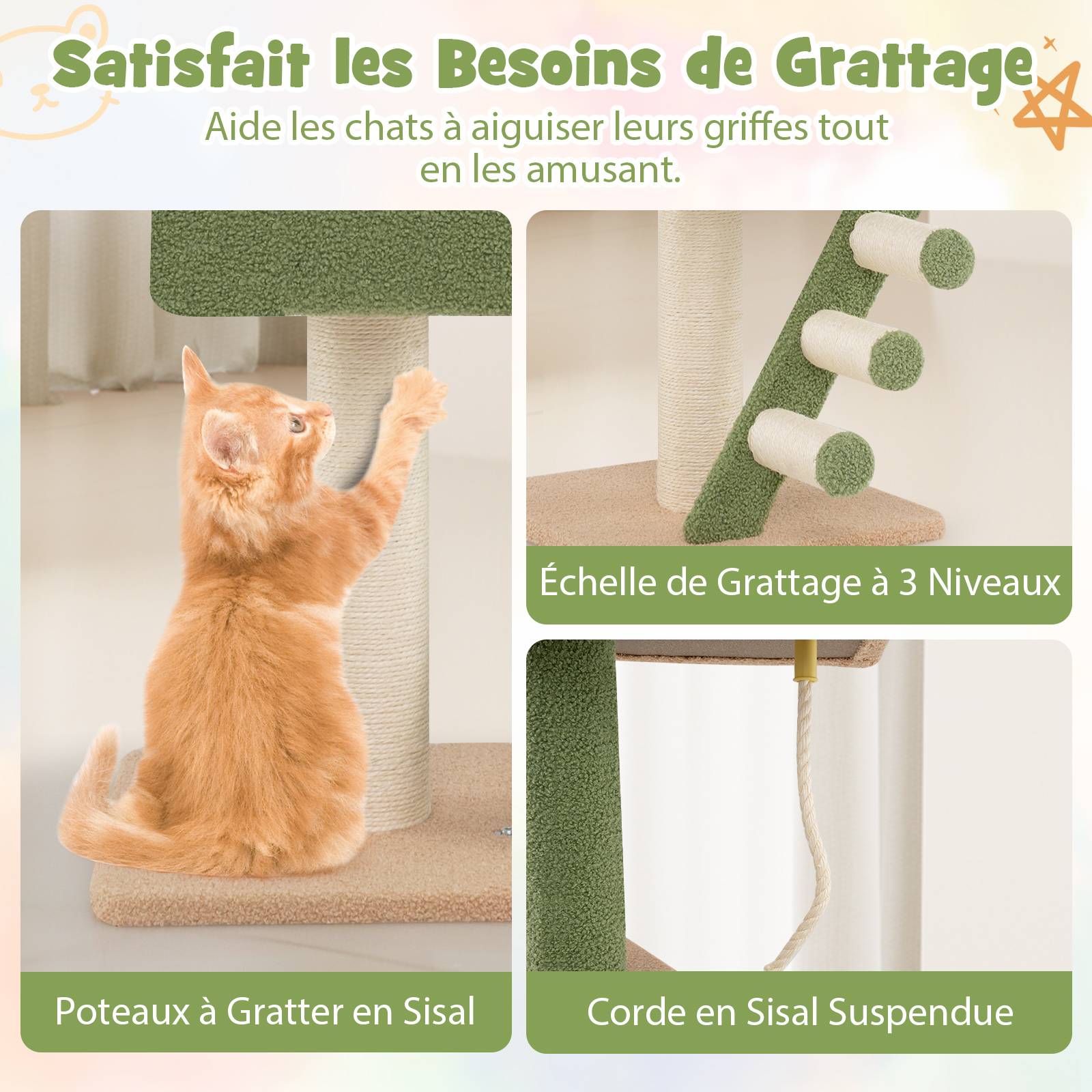 COSTWAY Arbre a Chat Plafond Cactus XXL, 218 à 253 cm Hauteur Réglable, 2Poteaux Remplaçables, Tour pour Chat à 5Niveaux, 2Poteaux à Griffer en Sisal - Image 4