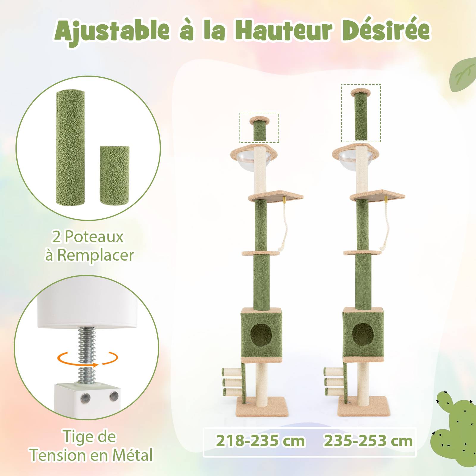 COSTWAY Arbre a Chat Plafond Cactus XXL, 218 à 253 cm Hauteur Réglable, 2Poteaux Remplaçables, Tour pour Chat à 5Niveaux, 2Poteaux à Griffer en Sisal - Image 3