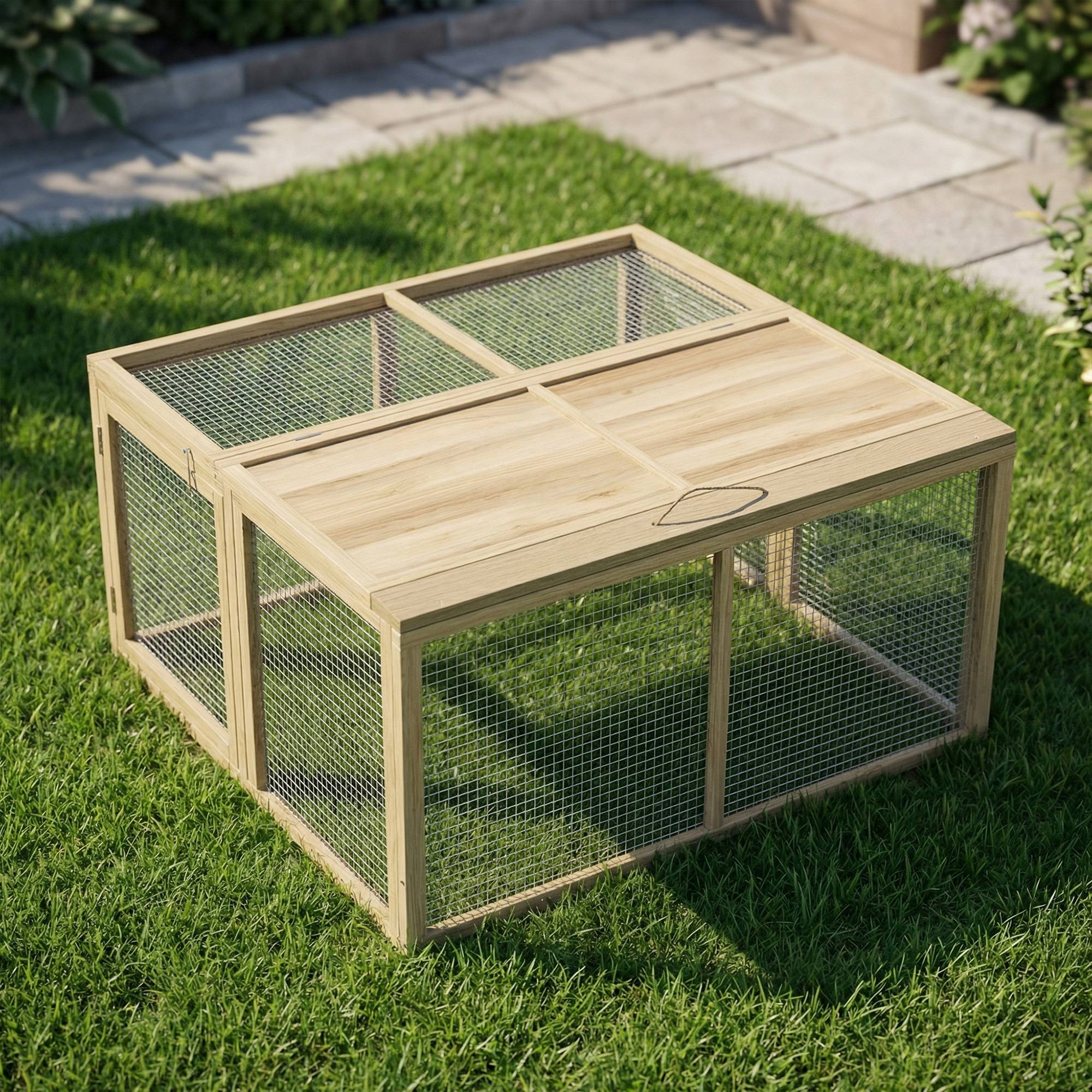 ComfortXL - Enclos pliable pour lapins en bois de sapin gris 120 x 120 x 57 cm intérieur extérieur avec toit ouvrant - Image 8
