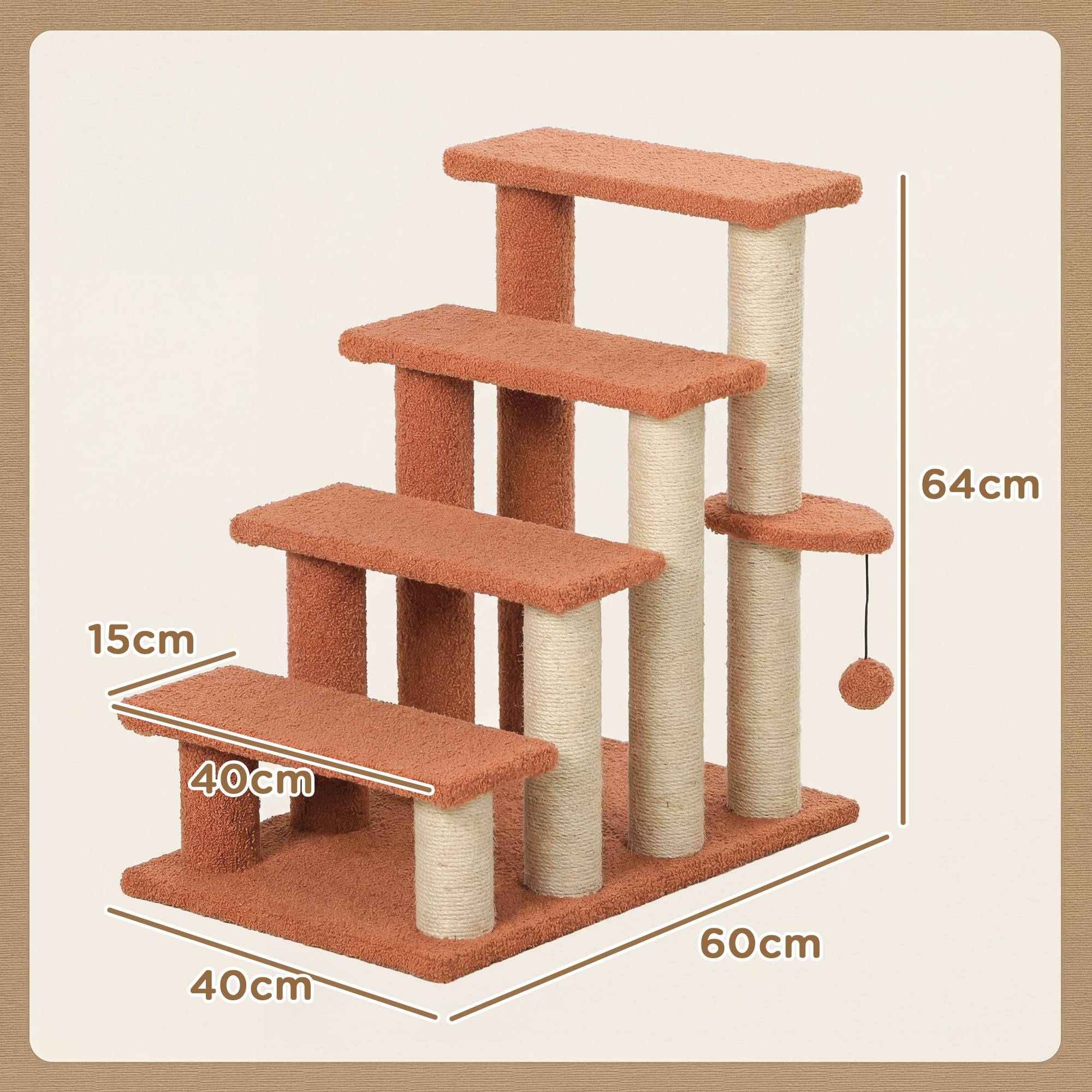 Escalier pour animaux, arbre à chat, 4 marches, animaux jusqu'à 5 kg, 60x40x64cm, marron - Image 5