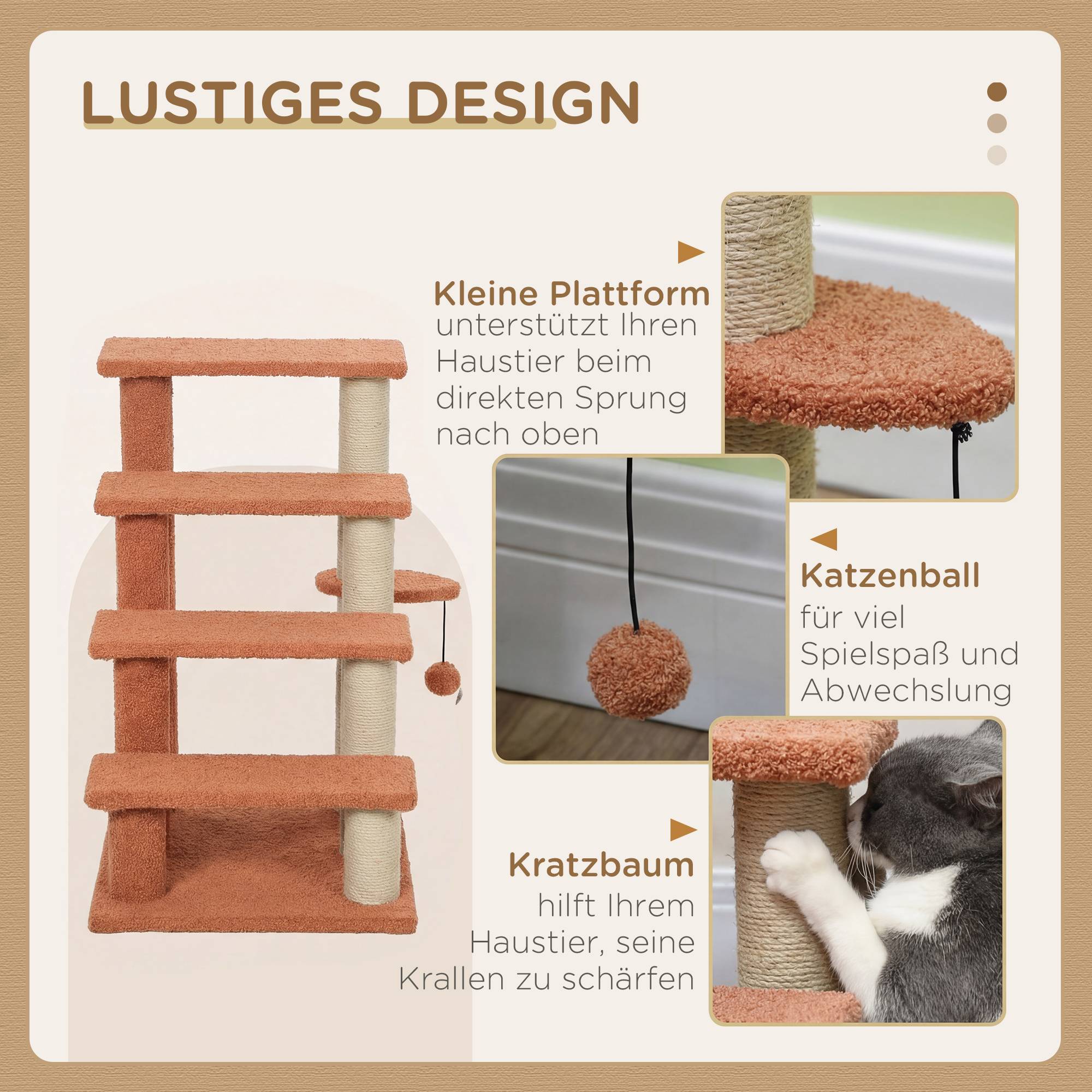 Escalier pour animaux, arbre à chat, 4 marches, animaux jusqu'à 5 kg, 60x40x64cm, marron - Image 7