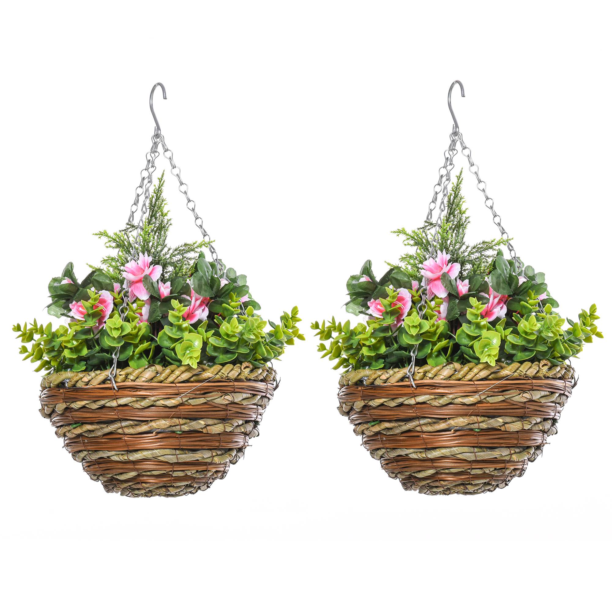 Set 2 lisianthus artificiels avec pot et crochet, PE/osier, Ø25x34cm, vert/rose - Image 2