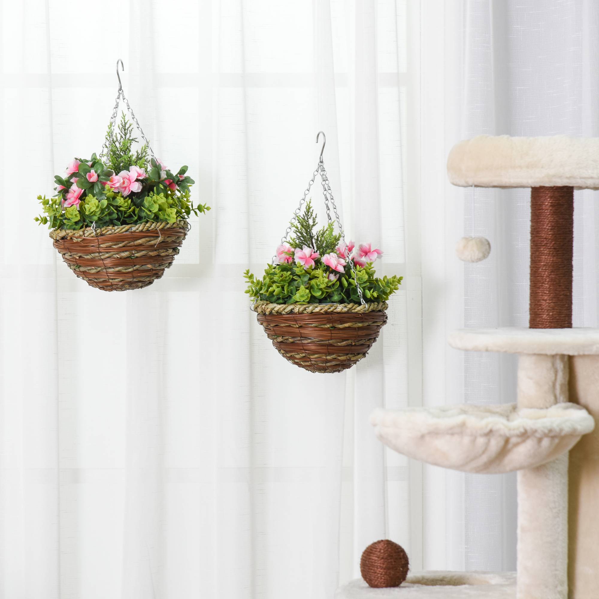 Set 2 lisianthus artificiels avec pot et crochet, PE/osier, Ø25x34cm, vert/rose - Image 4