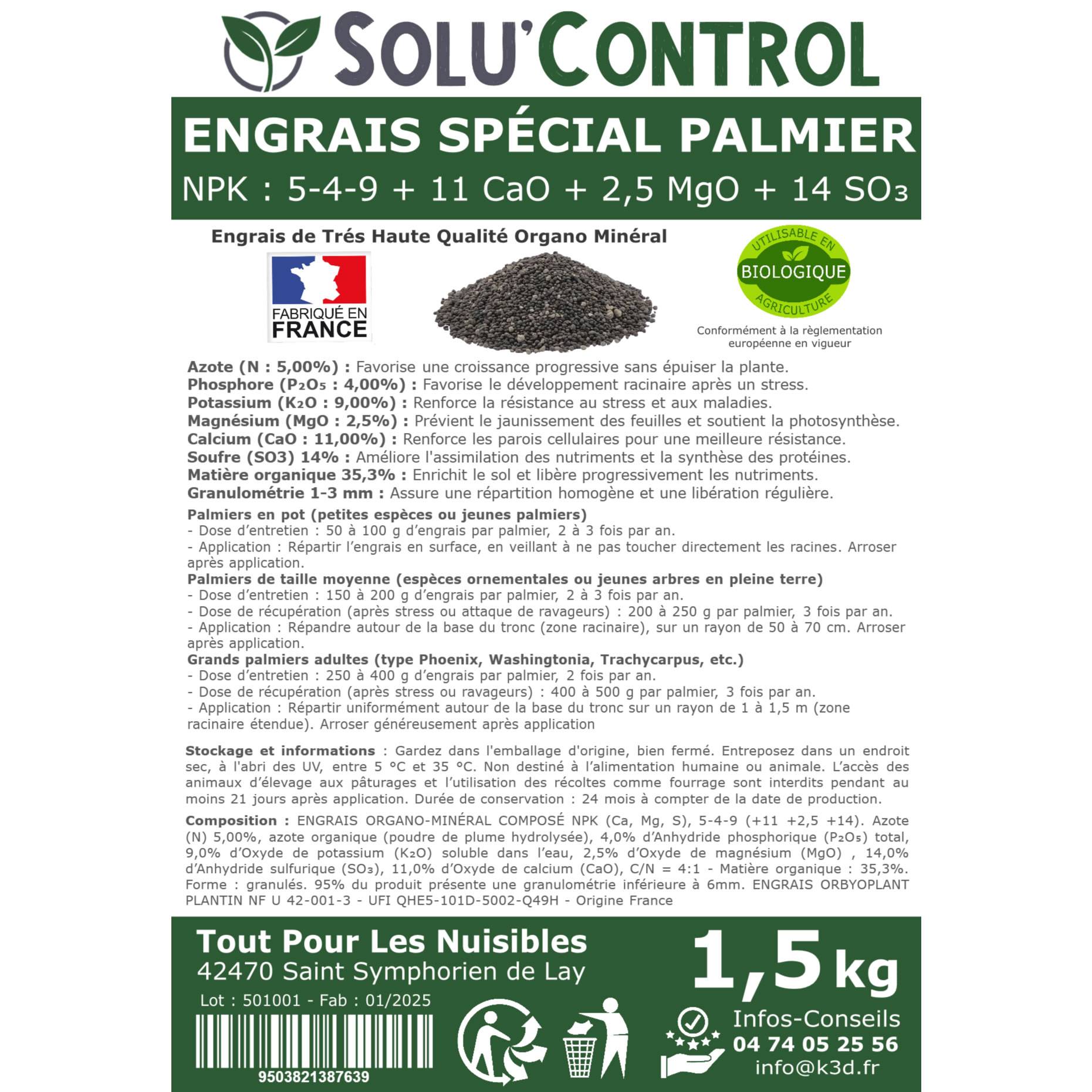 SOLU’CONTROL - Engrais Spécial Palmier 1,5 kg - Formulation haute qualité Organo-Minerale - Idéal après attaque  charançon rouge, papillon du palmier - Image 4