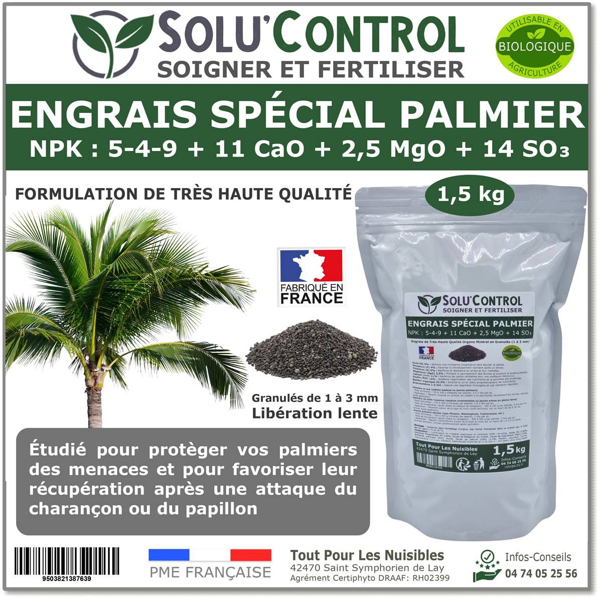 SOLU’CONTROL - Engrais Spécial Palmier 1,5 kg - Formulation haute qualité Organo-Minerale - Idéal après attaque  charançon rouge, papillon du palmier