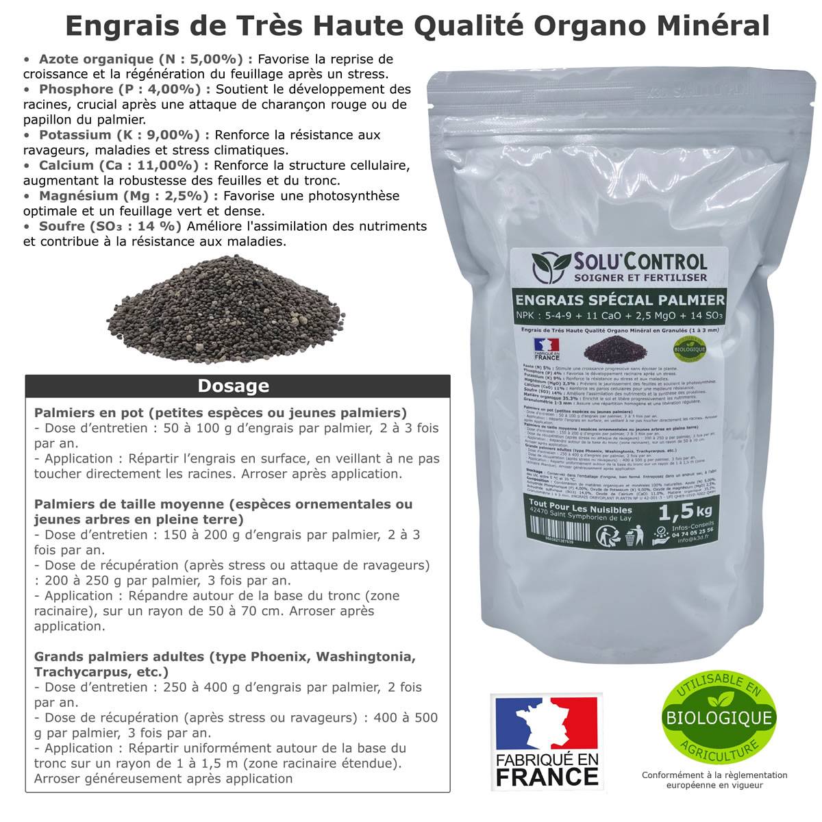 SOLU’CONTROL - Engrais Spécial Palmier 1,5 kg - Formulation haute qualité Organo-Minerale - Idéal après attaque  charançon rouge, papillon du palmier - Image 2