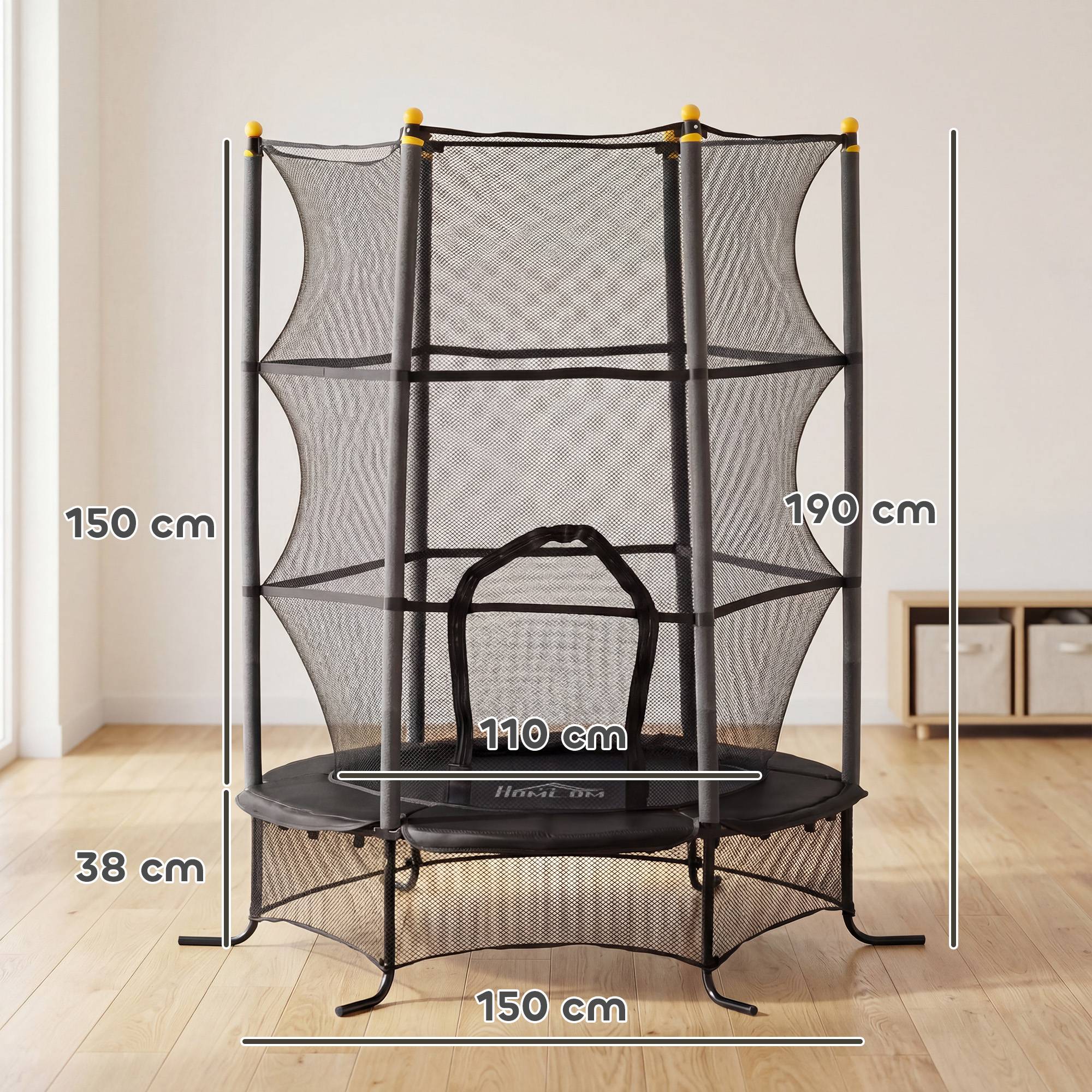 Trampoline Enfant Ø 1,63 × 1,9H m Filet de sécurité Porte zipée Couvre-Ressorts 6 poteaux rembourrés Inclus Noir - Image 5