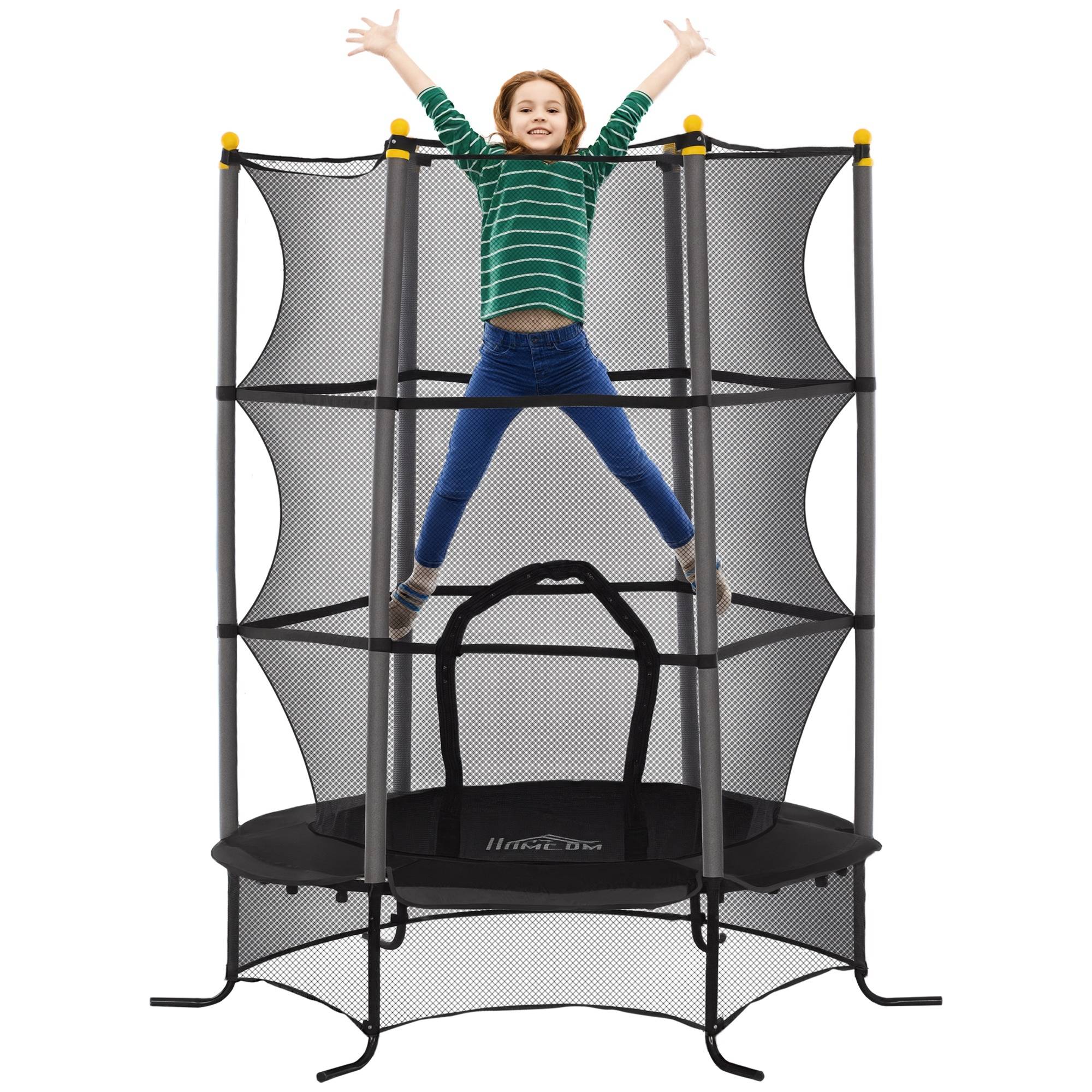 Trampoline Enfant Ø 1,63 × 1,9H m Filet de sécurité Porte zipée Couvre-Ressorts 6 poteaux rembourrés Inclus Noir