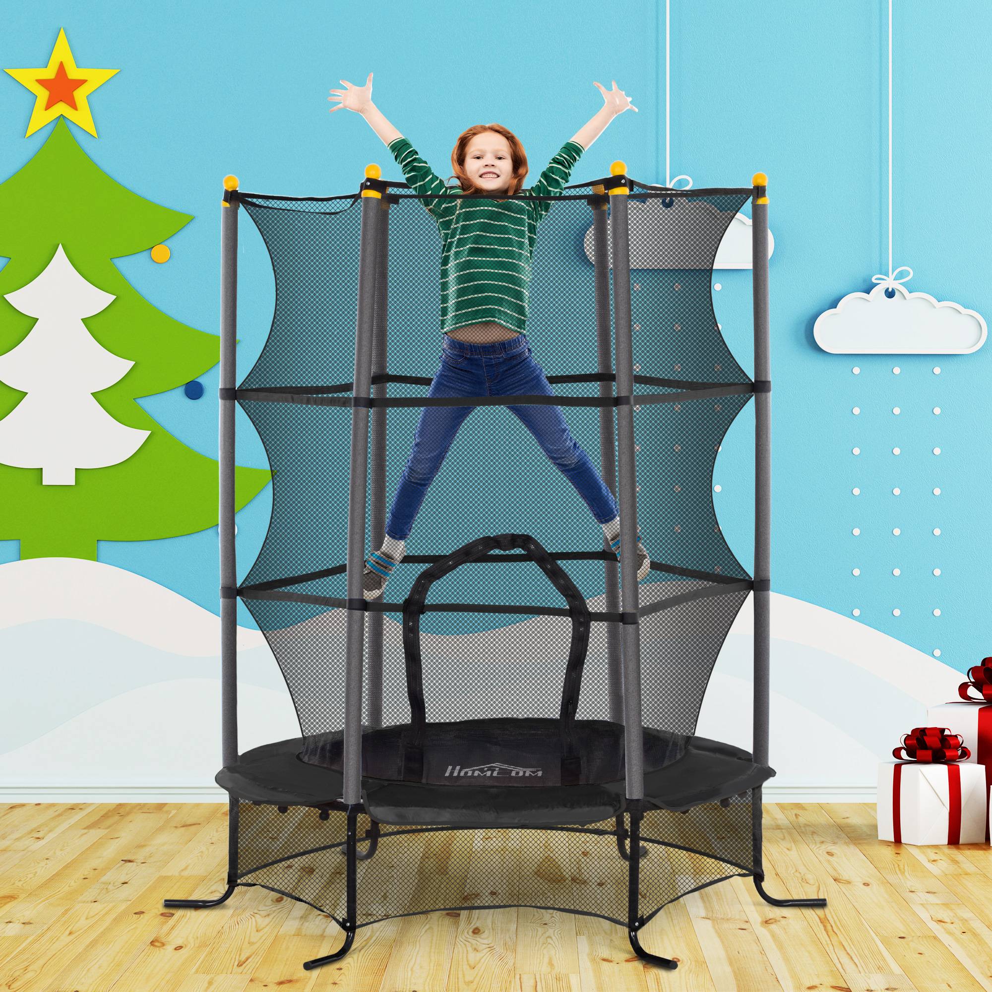 Trampoline Enfant Ø 1,63 × 1,9H m Filet de sécurité Porte zipée Couvre-Ressorts 6 poteaux rembourrés Inclus Noir - Image 4