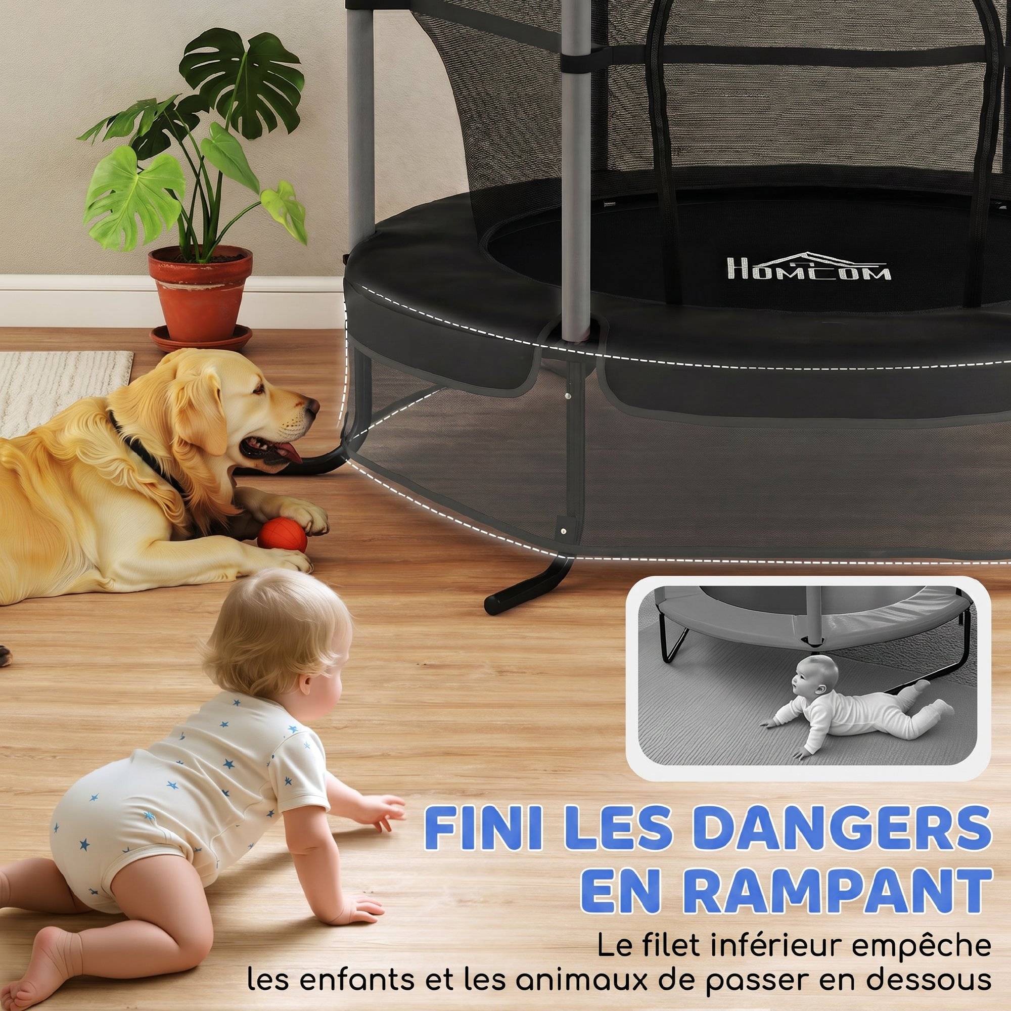Trampoline Enfant Ø 1,63 × 1,9H m Filet de sécurité Porte zipée Couvre-Ressorts 6 poteaux rembourrés Inclus Noir - Image 7