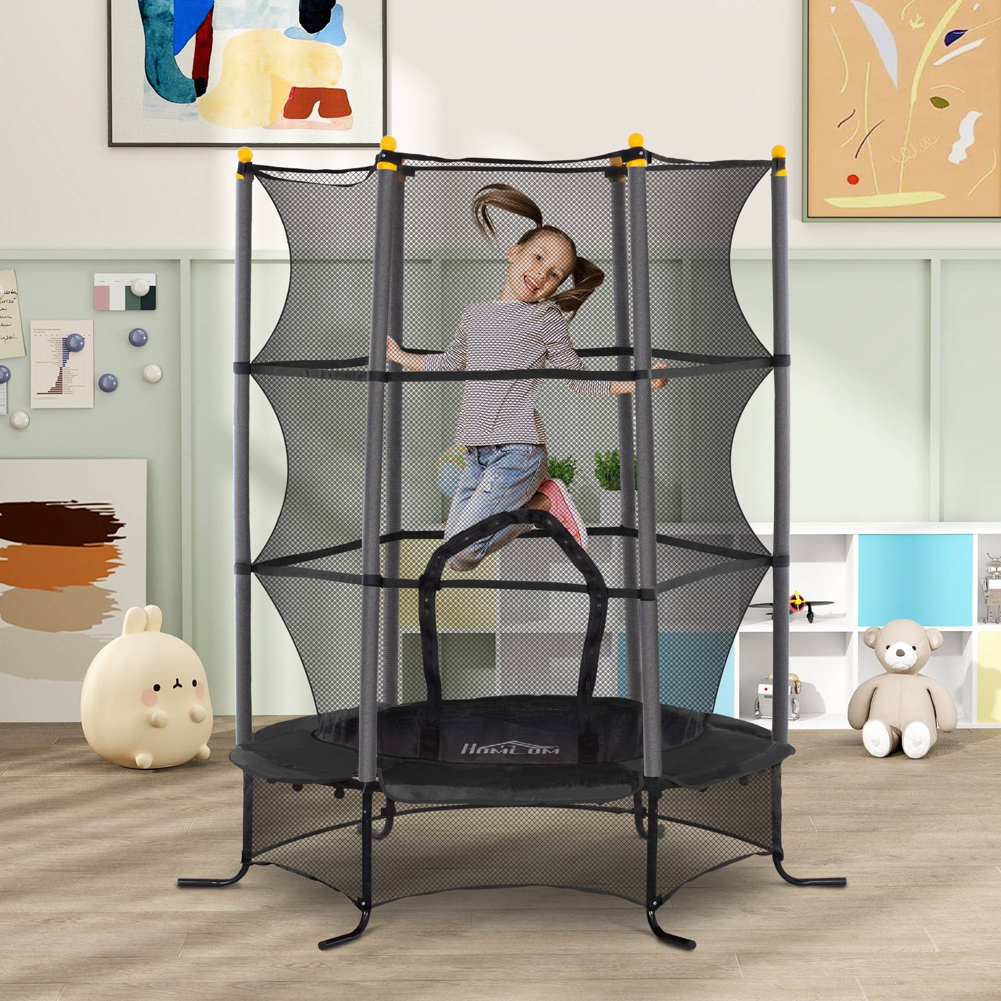 Trampoline Enfant Ø 1,63 × 1,9H m Filet de sécurité Porte zipée Couvre-Ressorts 6 poteaux rembourrés Inclus Noir - Image 3