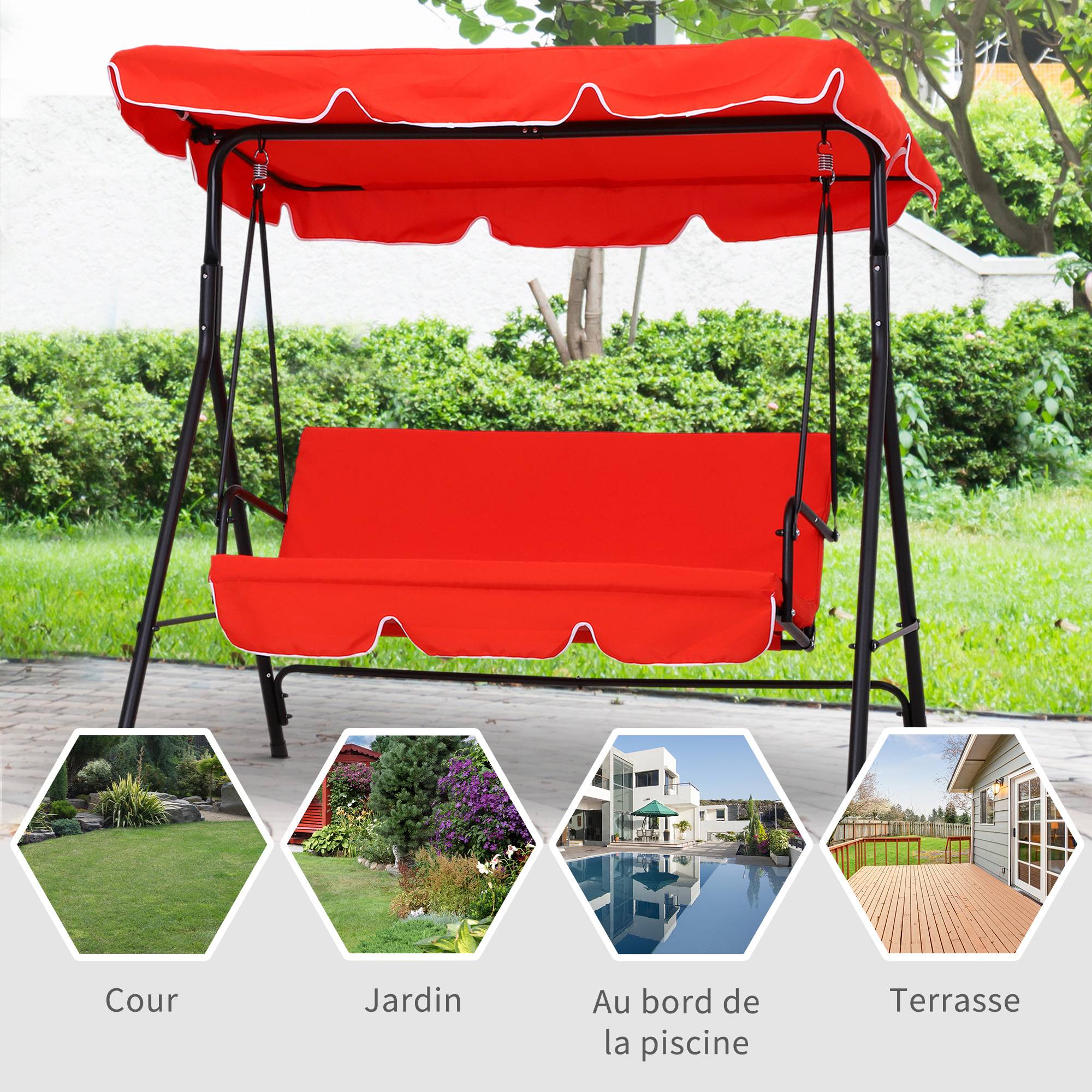 Outsunny - Balancelle de jardin 3 places toit inclinaison réglable coussins assise et dossier 1,72L x 1,1l x 1,52H m acier noir polyester rouge - Outsunny - Imagen 7