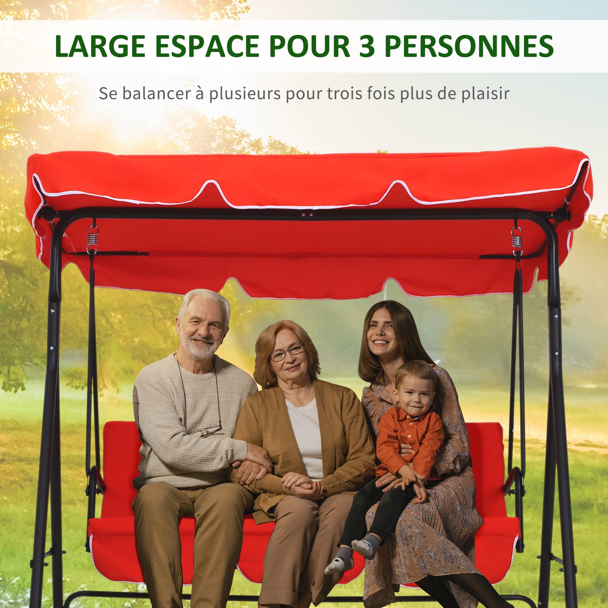 Outsunny - Balancelle de jardin 3 places toit inclinaison réglable coussins assise et dossier 1,72L x 1,1l x 1,52H m acier noir polyester rouge - Outsunny - Imagen 4