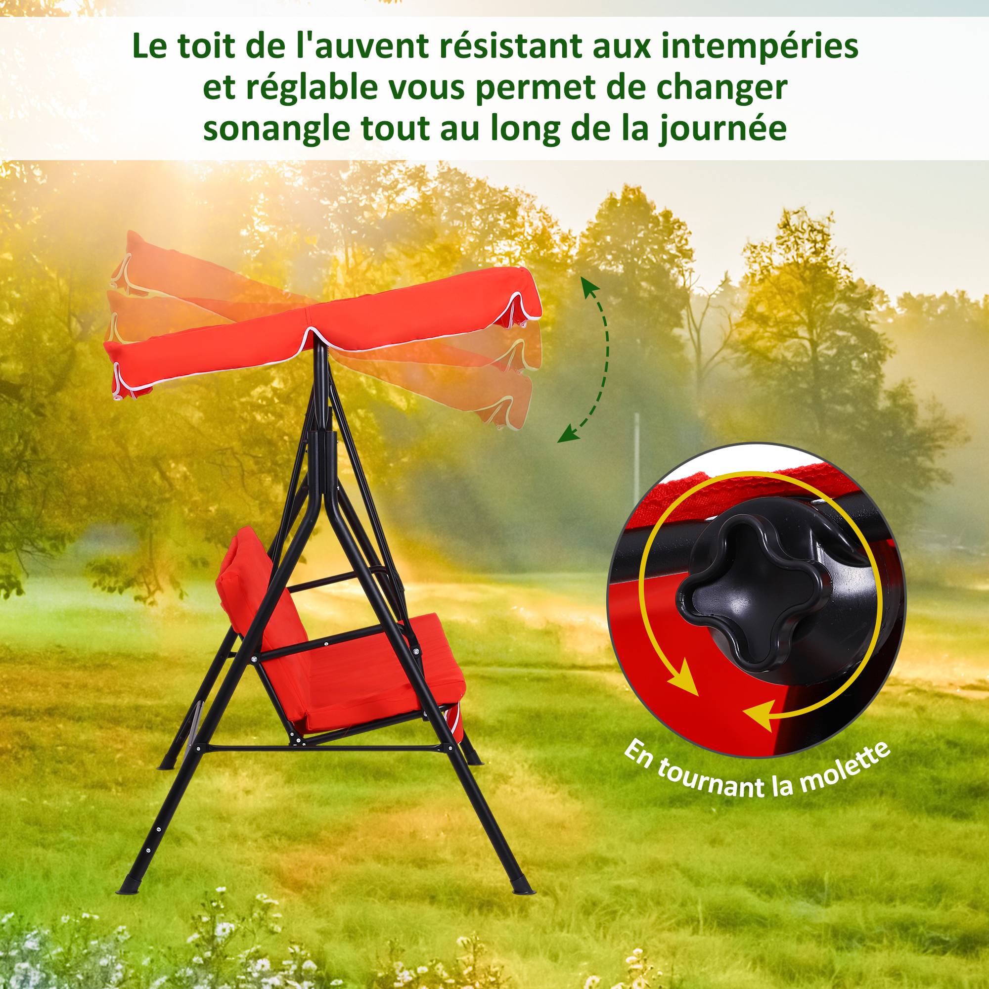 Outsunny - Balancelle de jardin 3 places toit inclinaison réglable coussins assise et dossier 1,72L x 1,1l x 1,52H m acier noir polyester rouge - Outsunny - Imagen 5