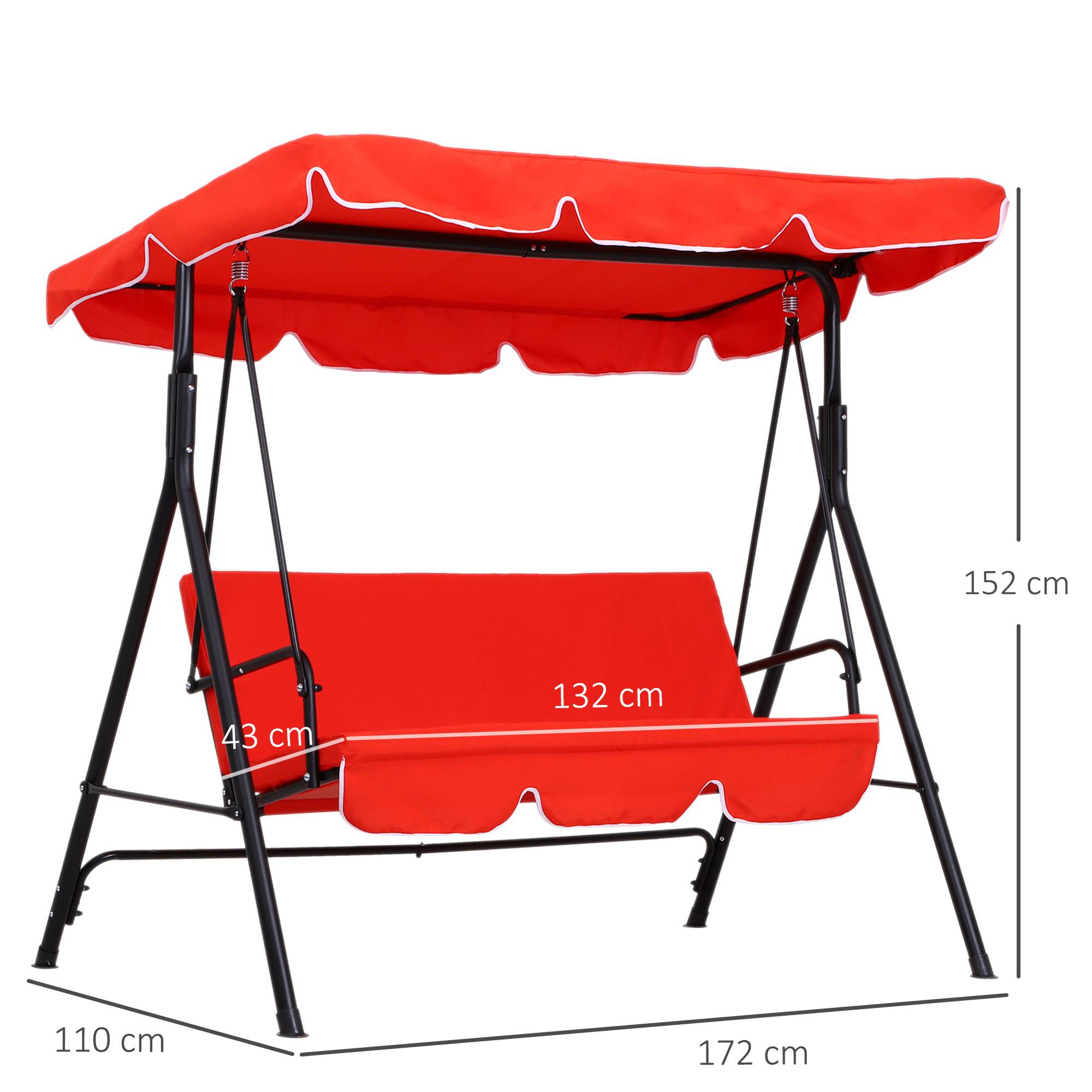 Outsunny - Balancelle de jardin 3 places toit inclinaison réglable coussins assise et dossier 1,72L x 1,1l x 1,52H m acier noir polyester rouge - Outsunny - Imagen 3