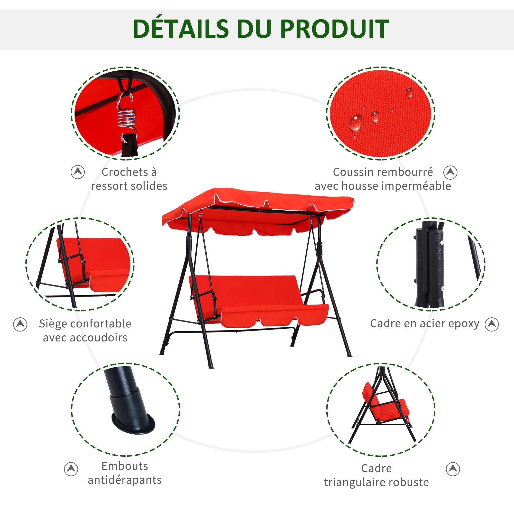Outsunny - Balancelle de jardin 3 places toit inclinaison réglable coussins assise et dossier 1,72L x 1,1l x 1,52H m acier noir polyester rouge - Outsunny - Imagen 6