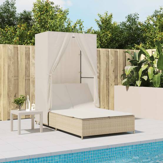 Chaise longue double avec toit et rideaux beige résine tressée 104 x 197 x 193 cm, Poids :26.38kg - PANGIVO - Image 1
