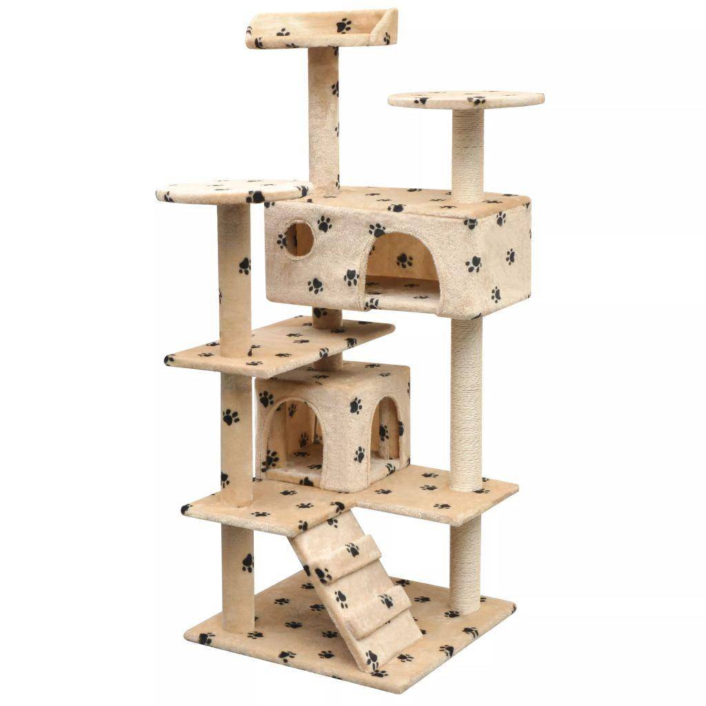Helloshop26 - Arbre à chat griffoir grattoir niche jouet animaux peluché et sisal 125cm empreintes de pattes beige - Imagen 1