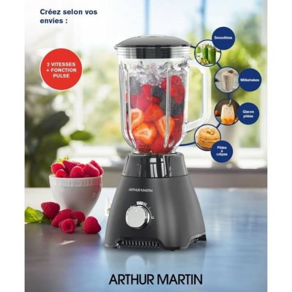 Blender  - ARTHUR MARTIN - AMPB40 -Bol en verre gradué 1,5L - 400W - 2 vitesses + pulse - Gris - Image 6
