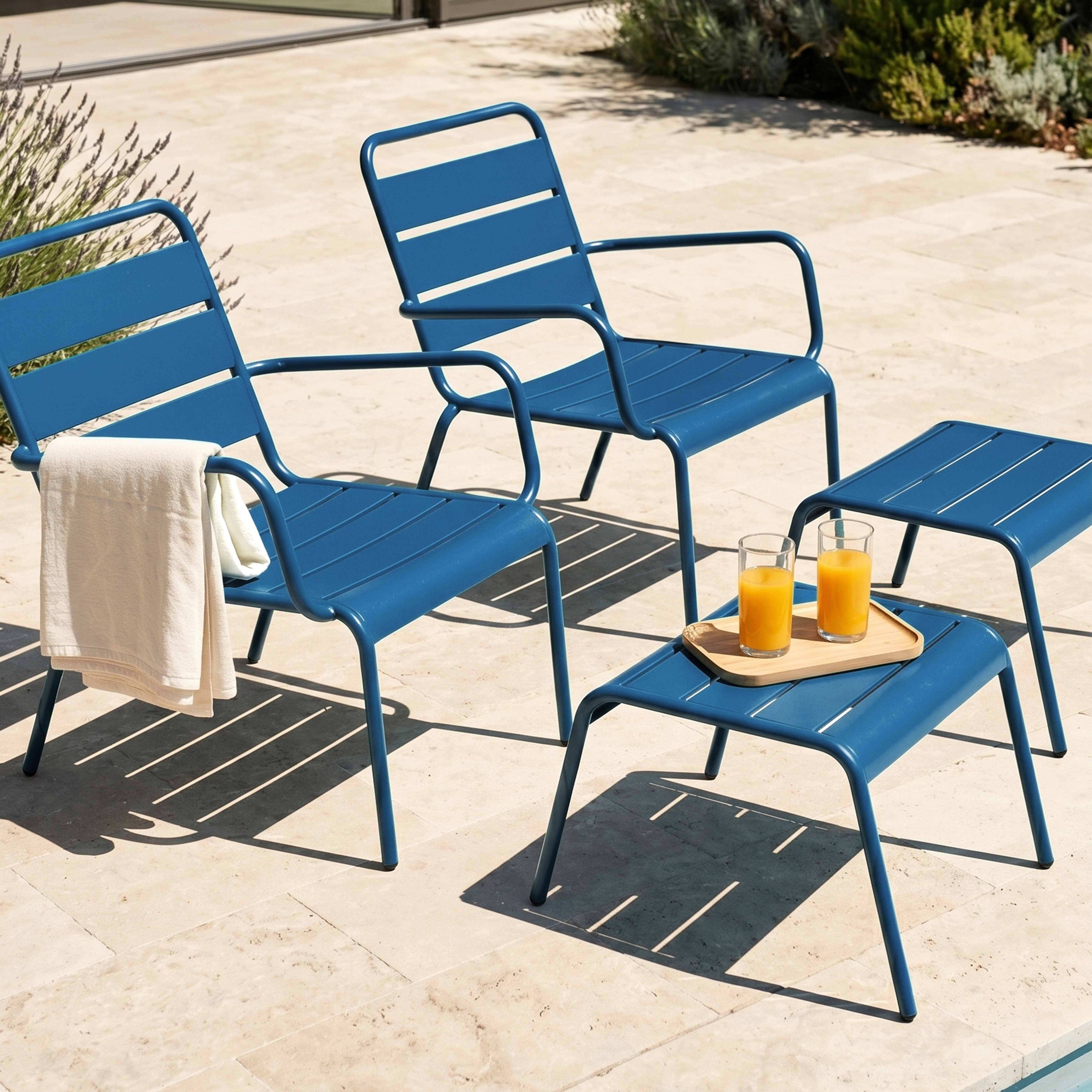 Oviala - Lot de 2 fauteuils relax avec repose-pieds en métal bleu pacific Palavas - Oviala - Imagen 4