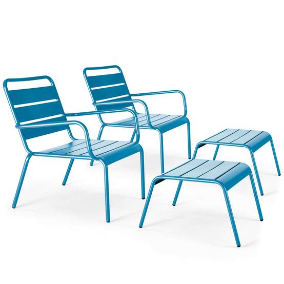 Oviala - Lot de 2 fauteuils relax avec repose-pieds en métal bleu pacific Palavas - Oviala - Imagen 1