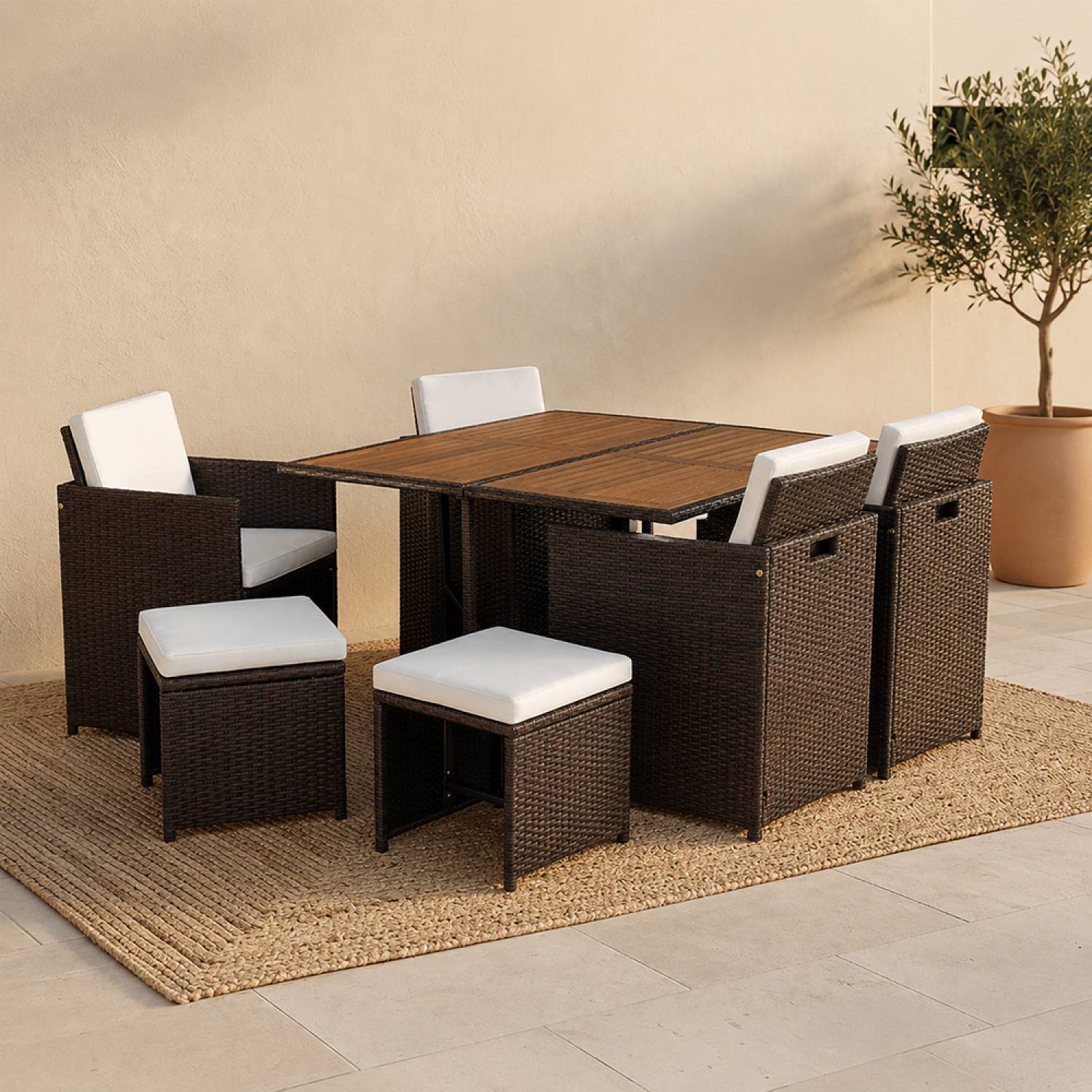 Salon de jardin 8 pl en résine marron et coussins beige + housse TOLEDO - Image 5