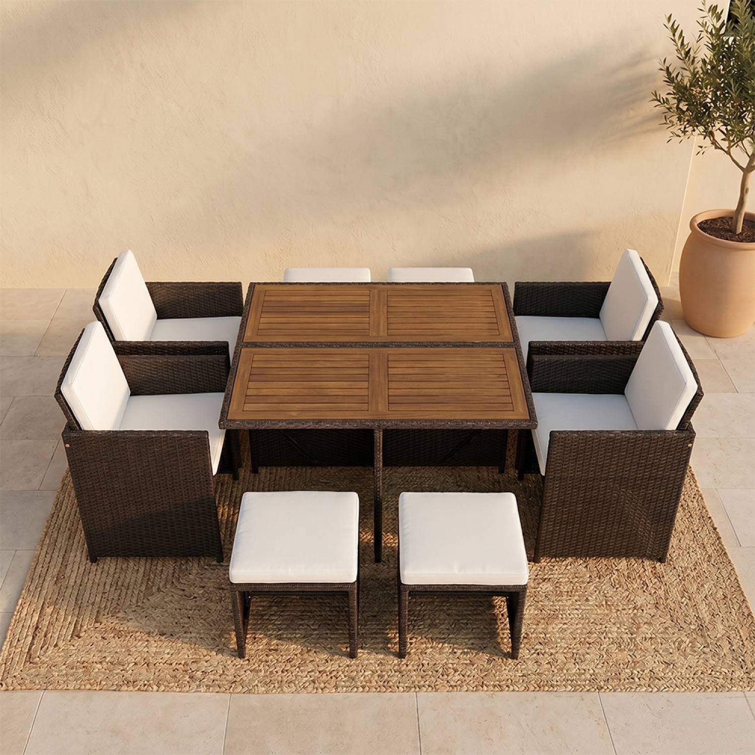 Salon de jardin 8 pl en résine marron et coussins beige + housse TOLEDO - Image 2