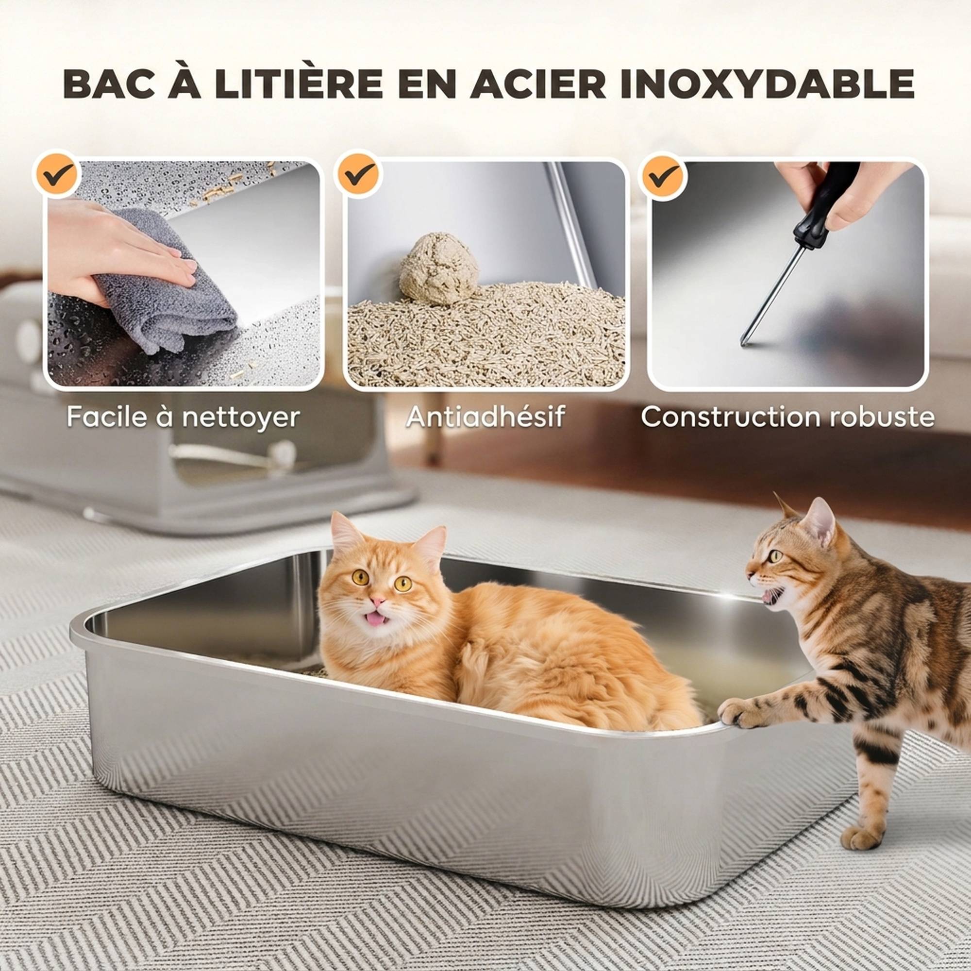 ComfortXL - Maison de toilette pour chat XXL en acier inoxydable gris 70 x 50 x 46,5 cm avec double accès et filtre frontal - Image 4