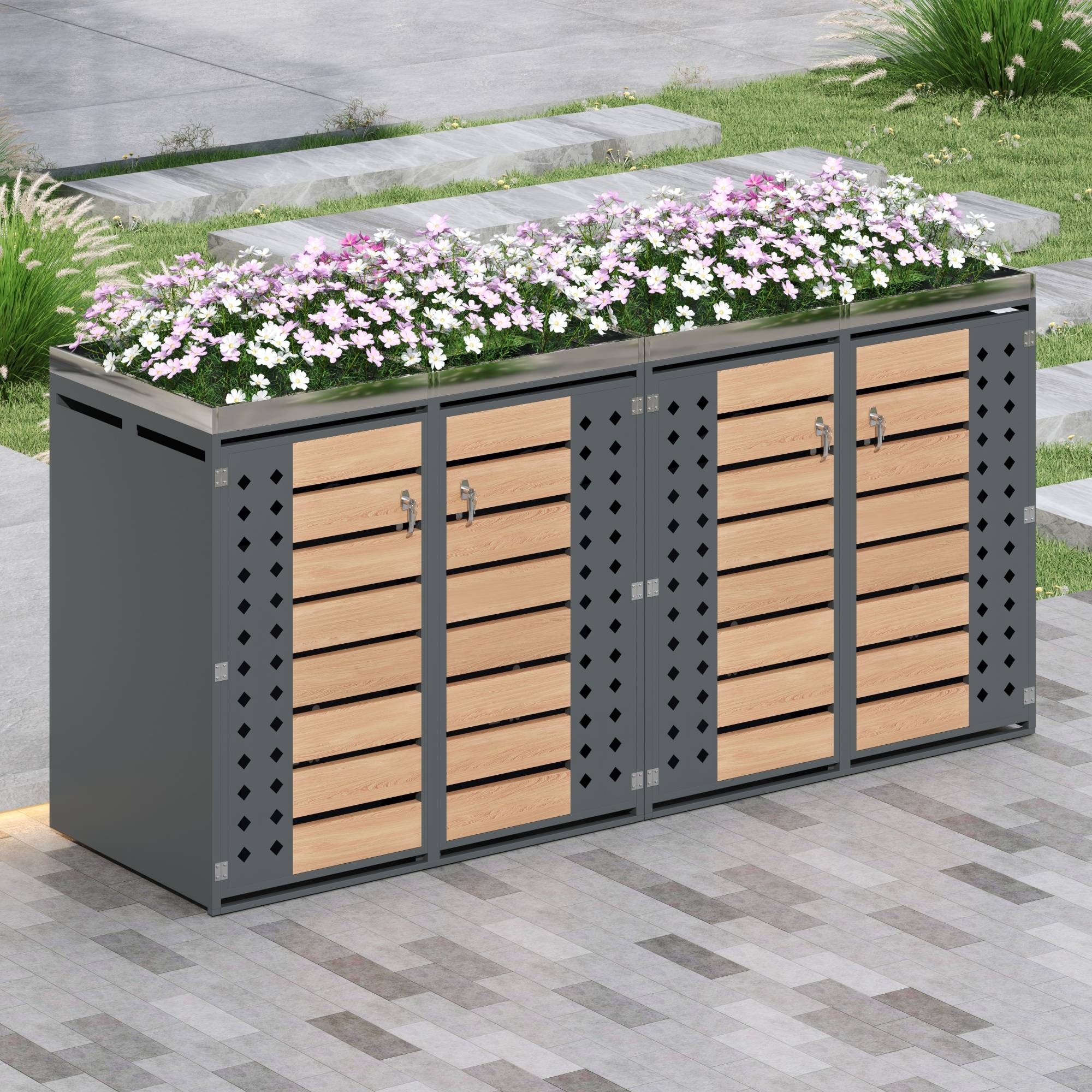 Cache-poubelle 4 portes Acier galvanisé Jardin Rangement avec jardinière Gris Bois - ComfortXL Outdoor Living - Image 1