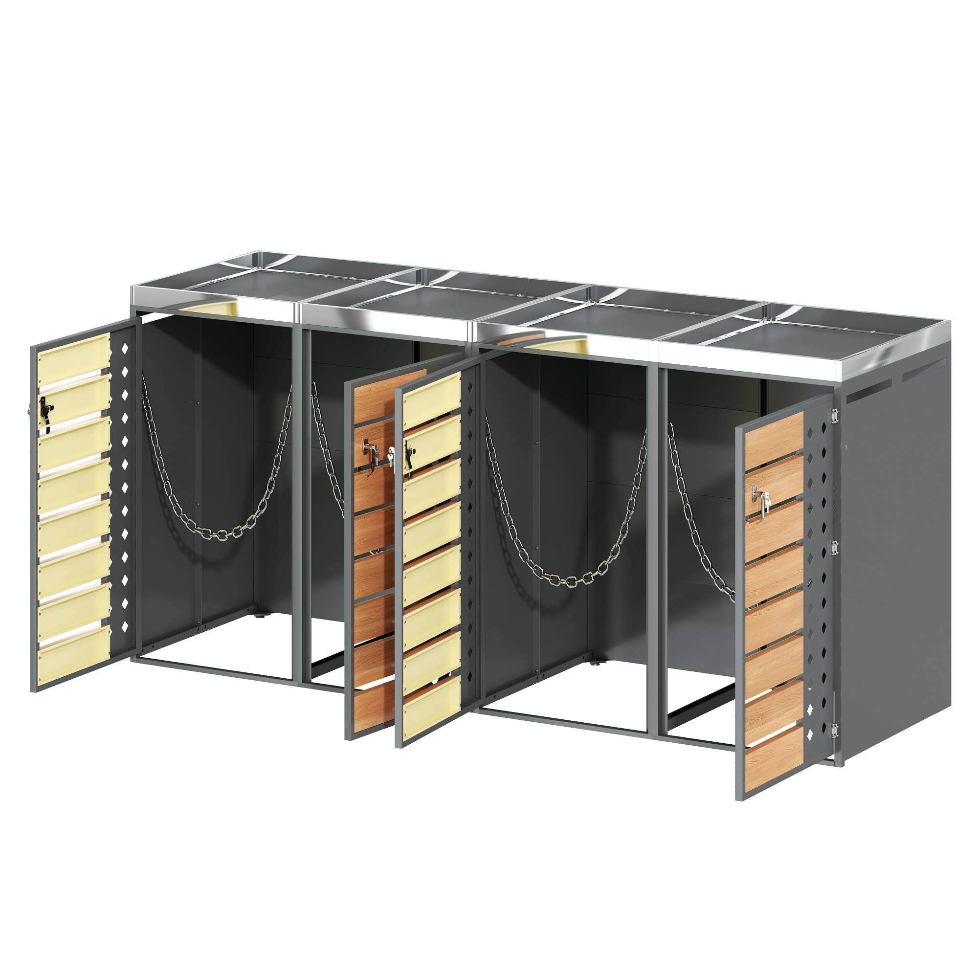 Cache-poubelle 4 portes Acier galvanisé Jardin Rangement avec jardinière Gris Bois - ComfortXL Outdoor Living - Image 2