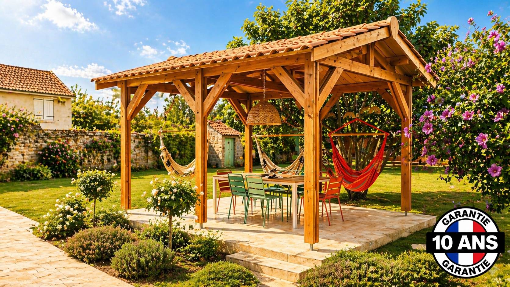 Carport bois 2 pentes en bois douglas 21 m² avec pieds de poteau fixes. Abri camping car et van. garantie 10 ans. - Image 9