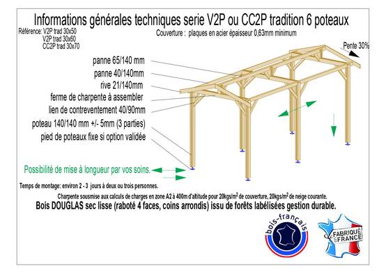 Carport bois 2 pentes en bois douglas 21 m² avec pieds de poteau fixes. Abri camping car et van. garantie 10 ans. - Image 3