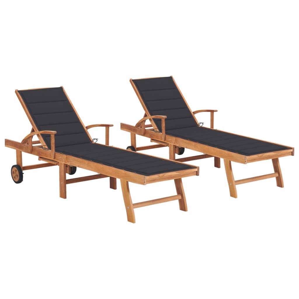 Helloshop26 - Lot de 2 transats chaise longue bain de soleil lit de jardin terrasse meuble d'extérieur avec coussin anthracite teck solide - Imagen 1