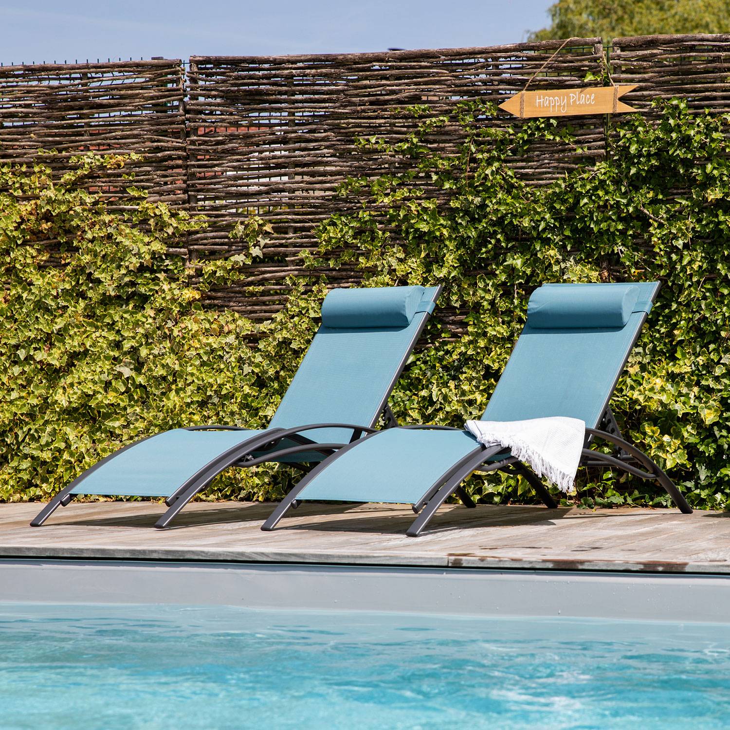 Happy Garden - Lot de 2 transats GALAPAGOS en textilène bleu gris - aluminium gris anthracite - HAPPY GARDEN - Imagen 9