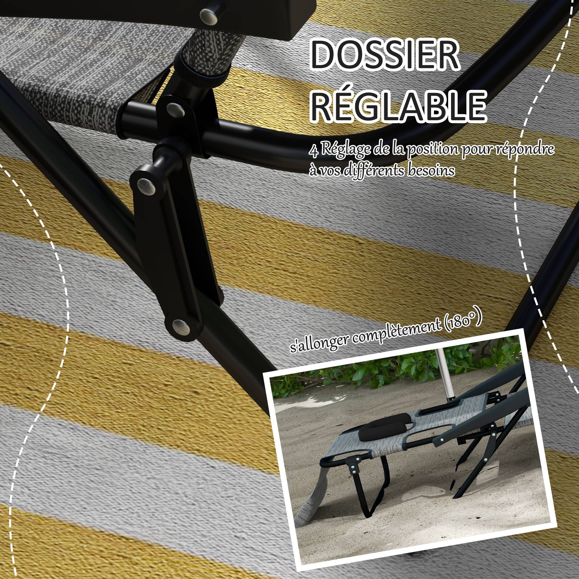 Outsunny - Bain de soleil transat pliable inclinable - coussins, espace tête - acier noir polyester gris chiné - Outsunny - Imagen 6